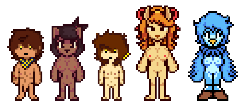 1boy 4girls aged_up avian avian_humanoid bird breasts ceroba_(undertale_yellow) ceroba_ketsukane clover_(undertale_yellow) darkner deltarune female fox fox_girl functionally_nude human kanako_(undertale_yellow) kriskros1234 lightner lucky_(kriskros1234) martlet_(undertale_yellow) nipples nude nude_female nude_male penis self_harm_scars sprite_art sprite_sheet transparent_background undertale_(series) undertale_yellow