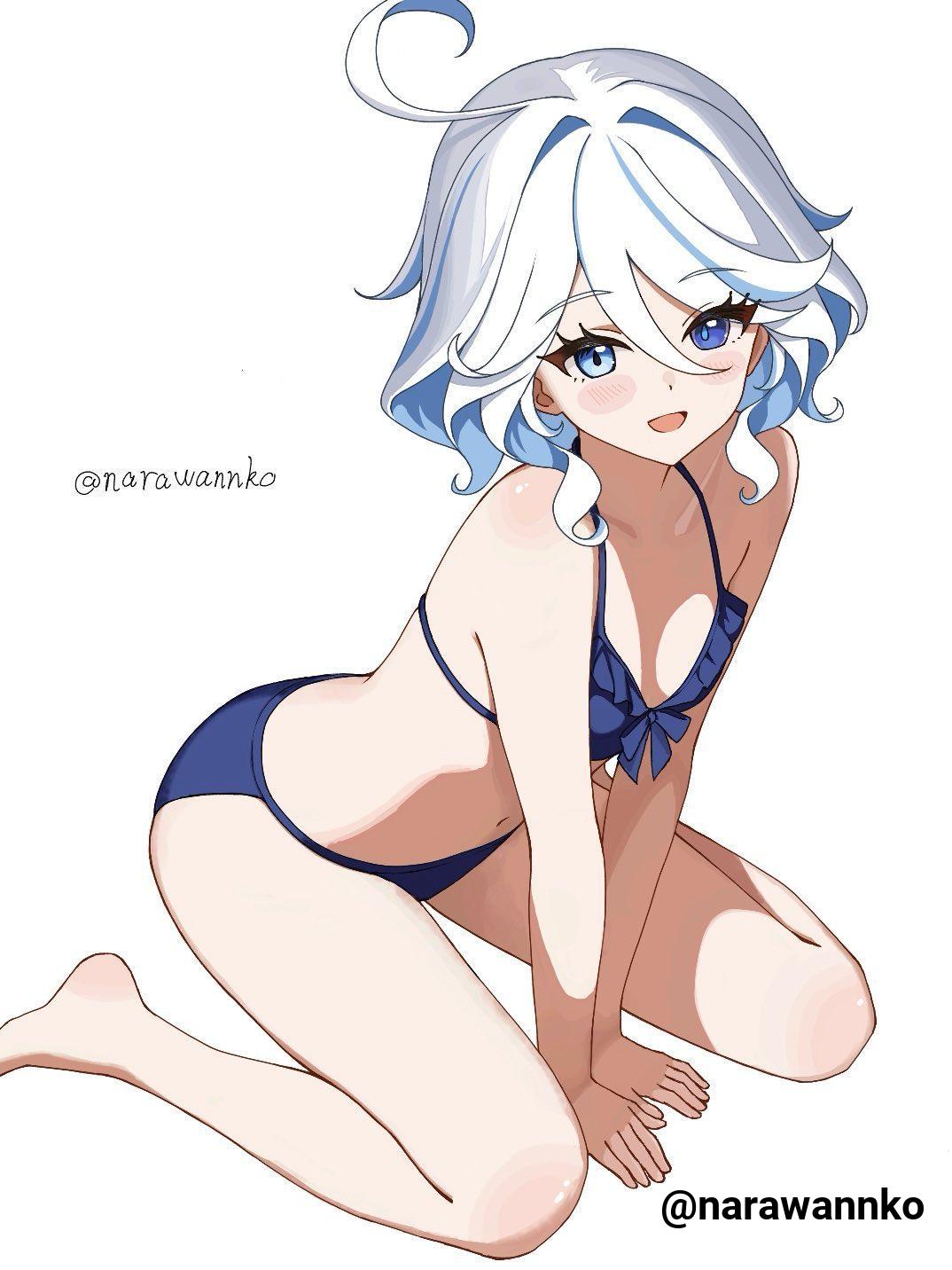 1girls, 2d, 2d (artwork), 2d artwork, ahoge, ankles, arm support, bare arms, bare belly, bare calves, bare chest, bare hands, bare hips, bare knees, bare legs, bare midriff, bare navel, bare shoulders, bare skin, bare soles, bare thighs, bare toes, barefoot, belly, belly button, bikini, bikini bottom, bikini only, bikini top, blue bikini, blue bikini bottom, blue bikini top, blue eyes, blue hair, blue swimsuit, blue swimwear, blue-eyed female, blue-haired female, breasts, calves, collarbone, digital, digital art, digital drawing, digital drawing (artwork), digital media, digital media (artwork), drawing, exposed arms, exposed belly, exposed chest, exposed hips, exposed legs, exposed midriff, exposed navel, exposed shoulders, exposed skin, exposed thighs, exposed toes, eyebrows visible through hair, feet, female, female focus, female only, fingers, from above, front-tie bikini, front-tie bikini top, full body, furina (genshin impact), genshin impact, groin, hair between eyes, halterneck, heterochromia, high resolution, highres, knees, lean figure, legs, legs folded, looking at viewer, looking up, looking up at viewer, medium hair, midriff, narawannko, narrow waist, navel, open mouth, open mouth smile, parted lips, petite, petite body, petite breasts, petite female, petite girl, petite tits, posing, posing for the viewer, seiza, shoulders, simple background, sitting, sitting on floor, sitting on ground, sitting on knees, slender body, slender waist, slim waist, small breasts, smile, smiley face, smiling, smiling at viewer, solo, string bikini, swimsuit, swimwear, thighs, tongue, wariza, white background, white hair, white-haired female, wide hips