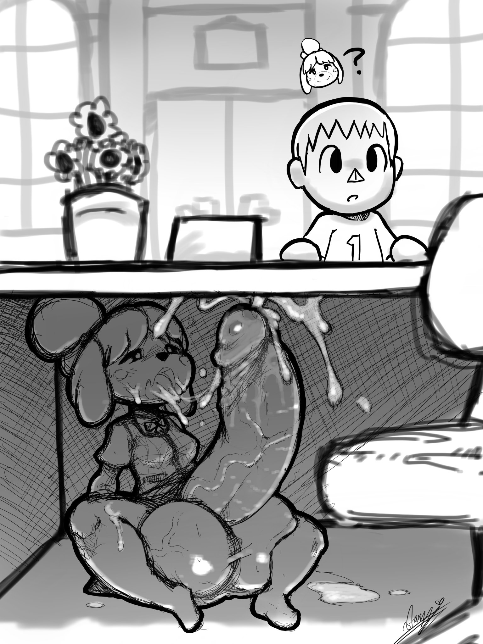 1boy, 1futa, absurdres, animal crossing, animal crossing boy, anthro, autofellatio, balls, bodily fluids, bottomless skirt, breasts, canid, canine, canis, clothing, cum, cum drip, cum in mouth, cum inside, cum on face, cum on ground, cum on leg, cum on penis, cumshot, curvy, domestic dog, erection under clothes, erection under skirt, furry, futa focus, futa with male, futanari, genital fluids, highres, human, humanoid penis, hyper, hyper balls, hyper cum, hyper penis, intersex, isabelle (animal crossing), large breasts, looking pleasured, male, mammal, monochrome, nintendo, no panties, penis, penis out, penis under clothes, penis under skirt, shih tzu, sitting, skirt, skirt lift, small but hung, starykrow, stealth masturbation, toy dog, under desk, under the table, unknowing bystander, veiny penis, villager (animal crossing)