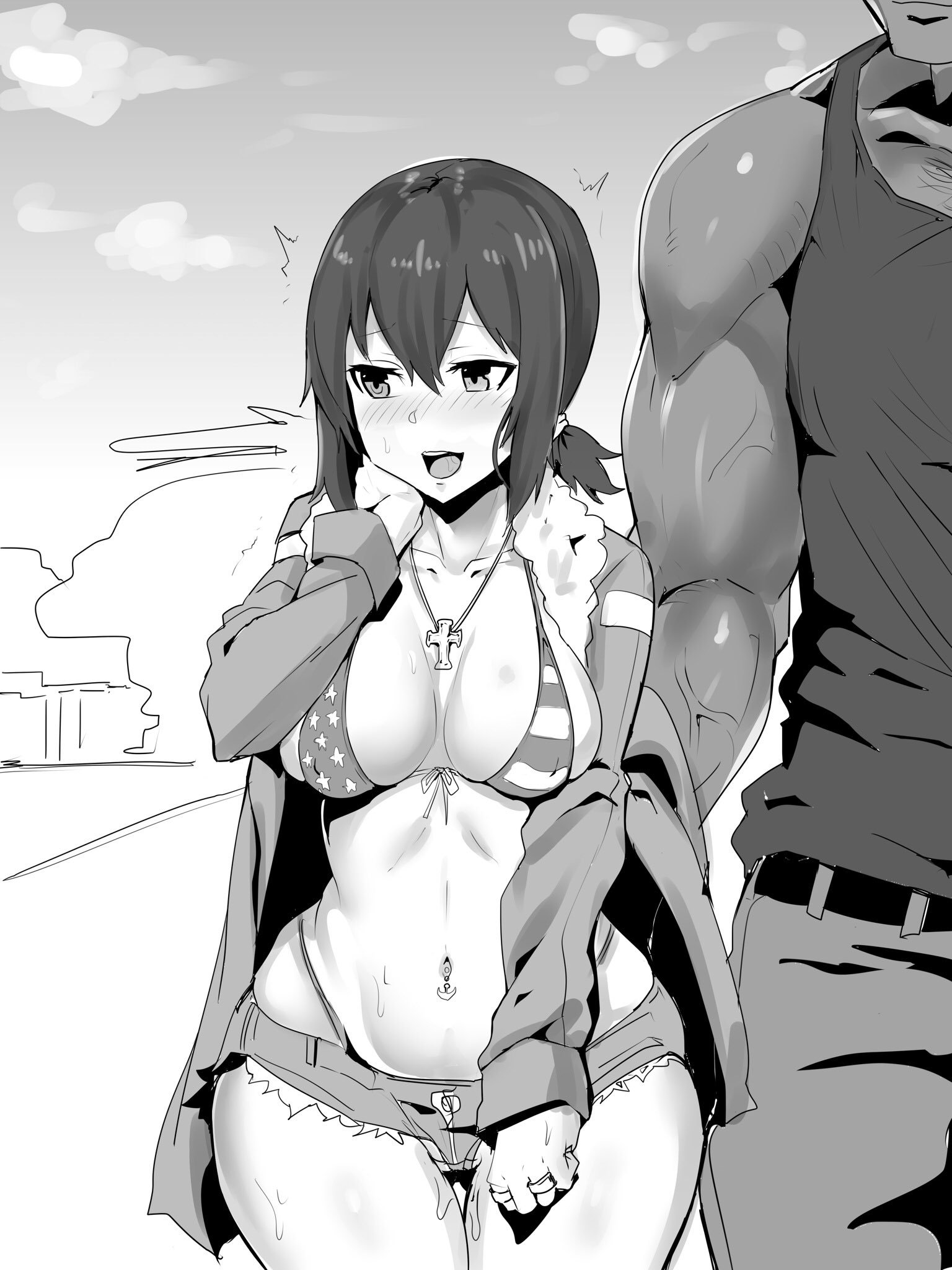 1boy, 1girls, american flag, american flag bikini, belly piercing, blush, breasts, coat, cross necklace, curvy, dark skin, dark-skinned male, dripping pussy, drums (flavius dramus), female, fubuki (kantai collection), hand on neck, height difference, hotpants, imminent sex, interracial, kantai collection, large breasts, light skin, light-skinned female, male, monochrome, muscular, muscular male, necklace, open mouth, pussy, ring, short shorts, tank top, thick thighs, thong, twintails, wet pussy, wide hips
