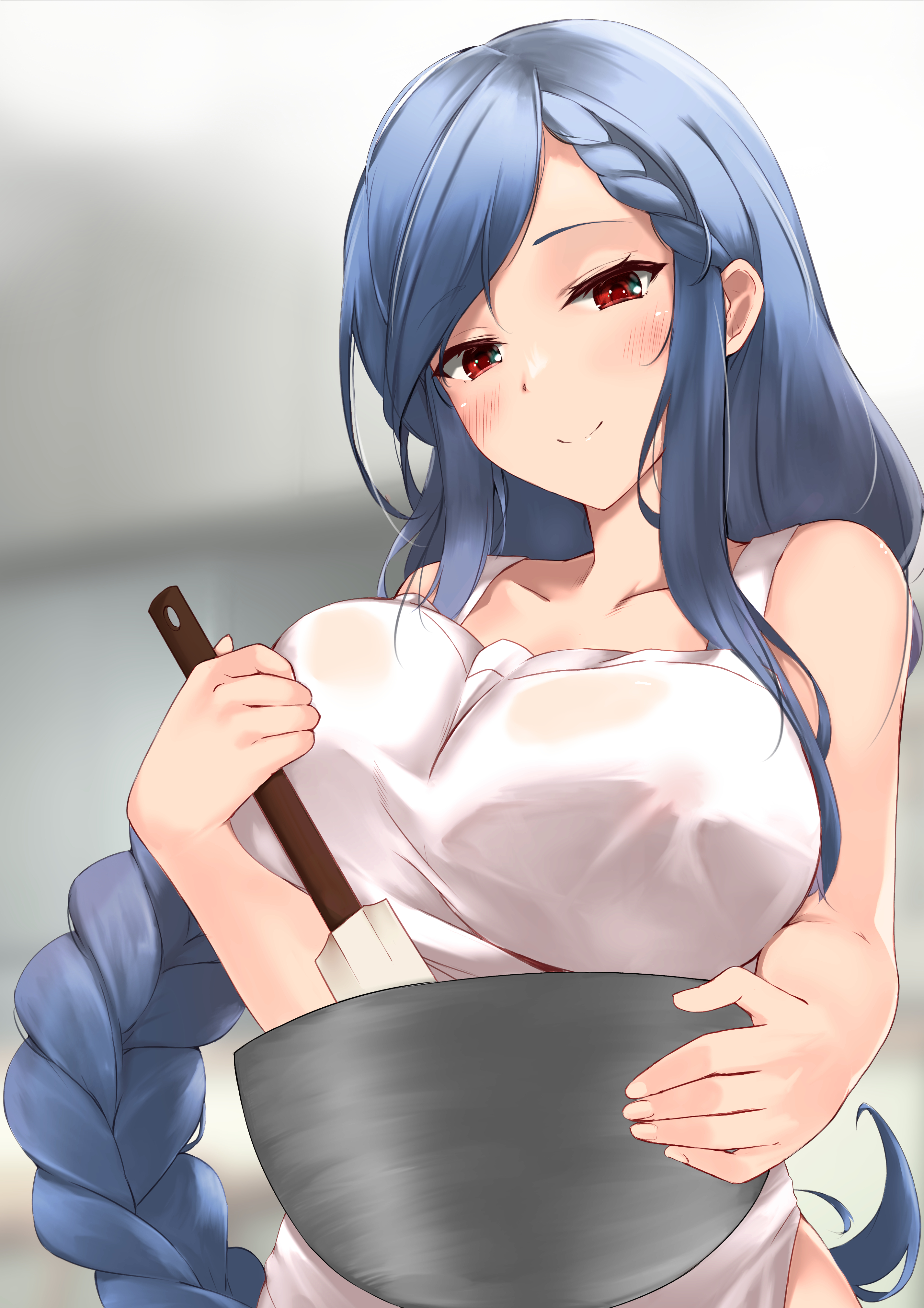 1girls, absurdres, apron, arms under breasts, bare shoulders, blush, bowl, braid, braided ponytail, breasts, closed mouth, collarbone, cooking, covered nipples, crown braid, dd mayohara, dizzy (guilty gear), female, guilty gear, guilty gear strive, hand on own chest, highres, large breasts, long hair, looking at viewer, low-tied long hair, mature female, milf, naked apron, nipples, queen dizzy, red eyes, see-through apron, see-through clothes, sidelocks, sleeveless, smile, solo, solo female, spatula, stirring, swept bangs, white apron