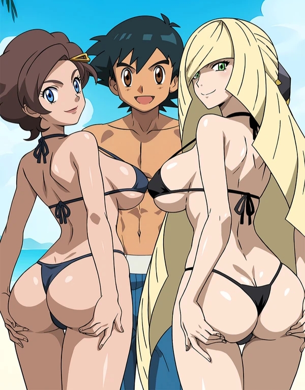 1boy 2girls age_difference beach bikini grace_(pokemon) lusamine_(pokemon) milf older_female older_woman_and_younger_boy outdoors pokemon pokemon_(anime) pokemon_sm pokemon_xy satoshi_(pokemon) younger_male yxyyxy