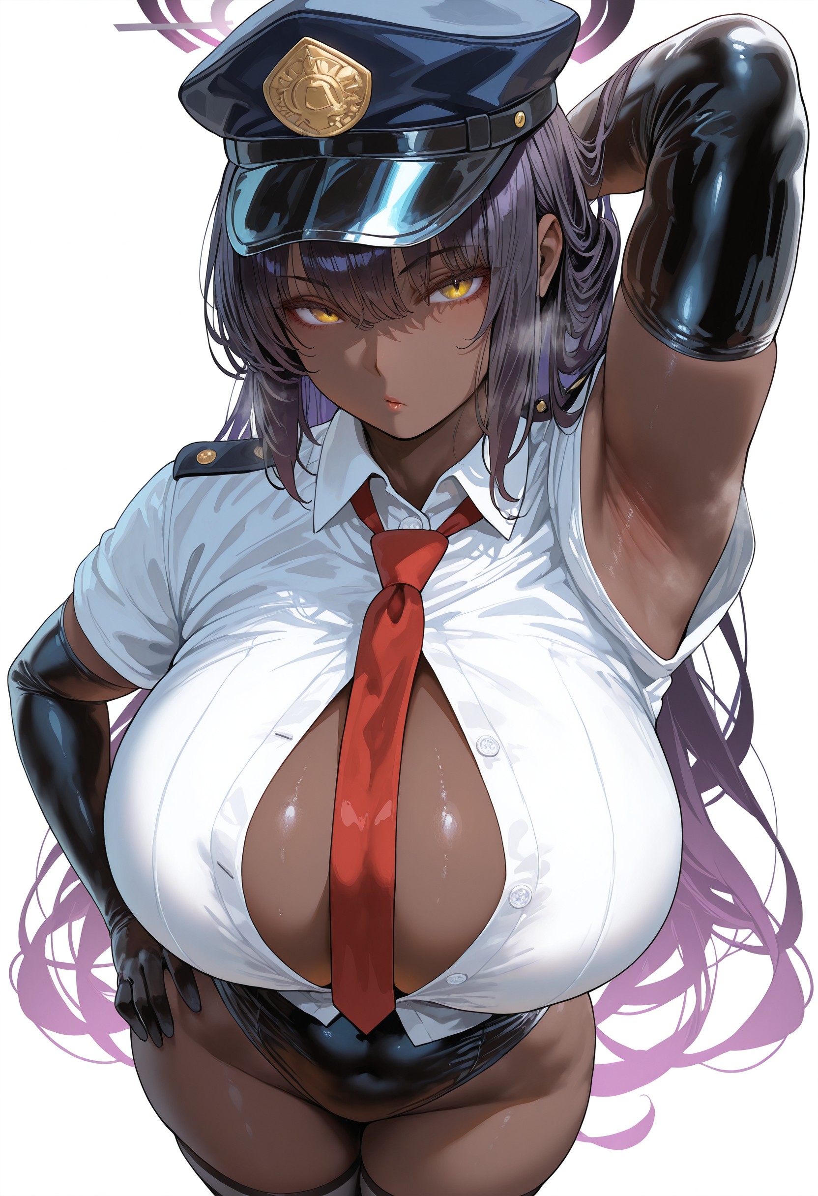 1girls, ai generated, blue archive, breasts, dark skin, dark-skinned female, female, flyingpancake, hat, hips, huge breasts, karin (blue archive), long hair, naughty face, paizuri invitation, police uniform, purple hair, thick thighs, thighs, wide hips, yellow eyes