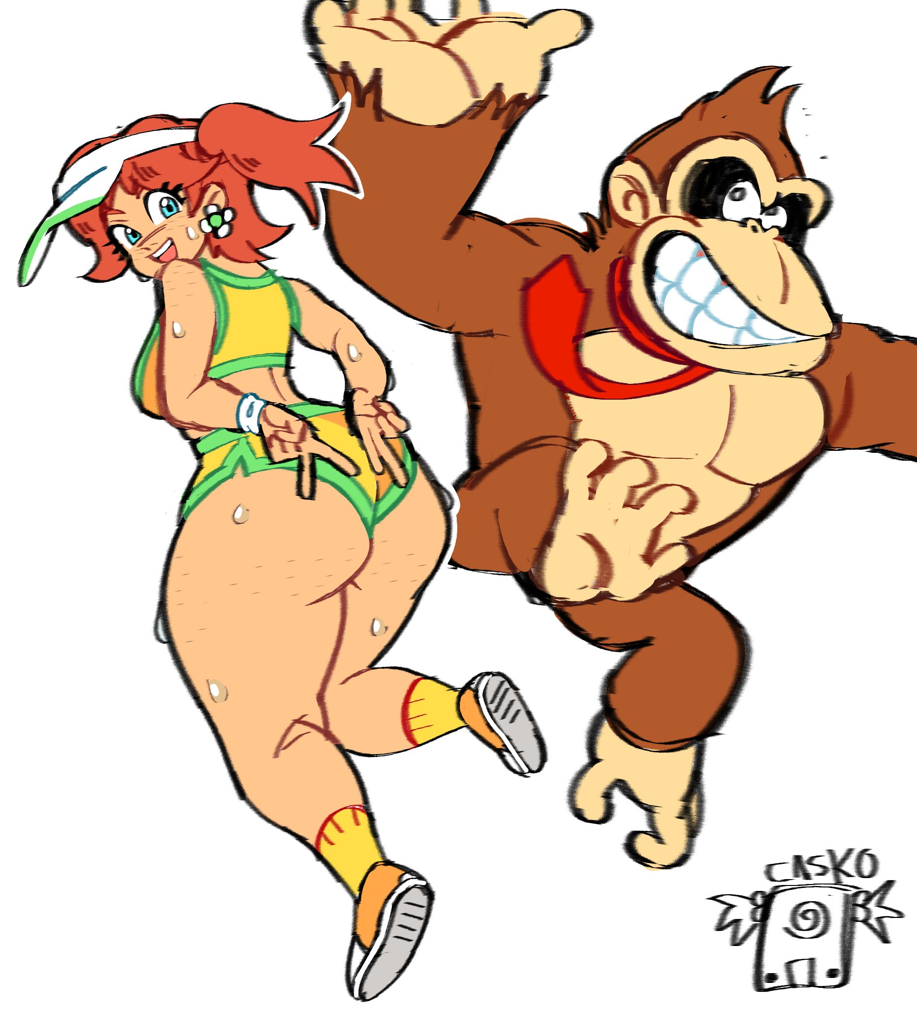 ass, ass focus, big ass, crop top, donkey kong, donkey kong (series), dream casko, female, furry, human, male, mario (series), mario kart, mario kart world, nintendo, official alternate costume, princess daisy, princess daisy (swimwear), revealing clothes, shorts, sideass, sweat, sweaty ass, sweaty butt, visor cap