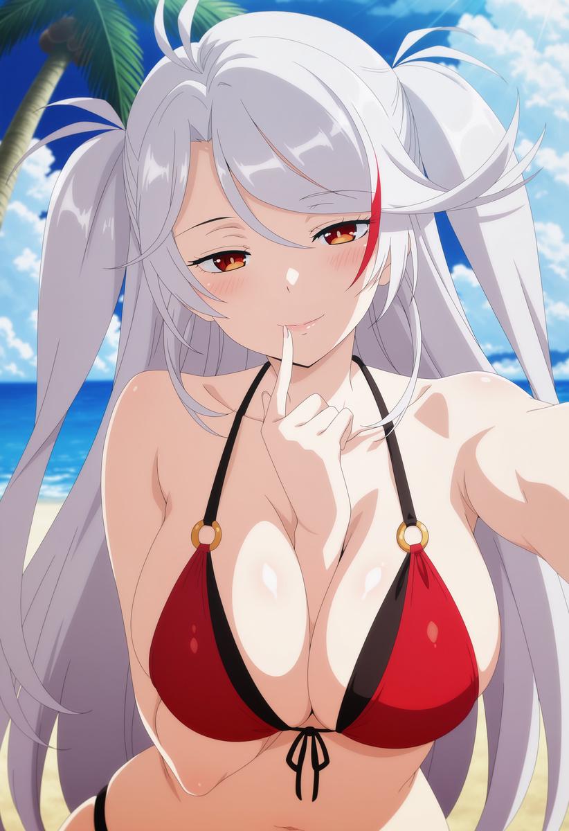 antenna hair, azur lane, bangs, bare shoulders, beach, bikini, black bikini, blue sky, blush, breasts, brown eyes, cleavage, closed mouth, cloud, cloudy sky, collarbone, day, eyebrows visible through hair, female, finger to mouth, flag print, front-tie top, hair between eyes, half-closed eyes, large breasts, leaning forward, lips, long hair, looking at viewer, multi-strapped bikini, multicolored hair, navel, ocean, orange eyes, outdoors, palm tree, prinz eugen (azur lane), reaching out, red bikini, red hair, ribbon, scan, sky, smile, solo, streaked hair, swept bangs, swimsuit, tree, two side up, upper body, very long hair