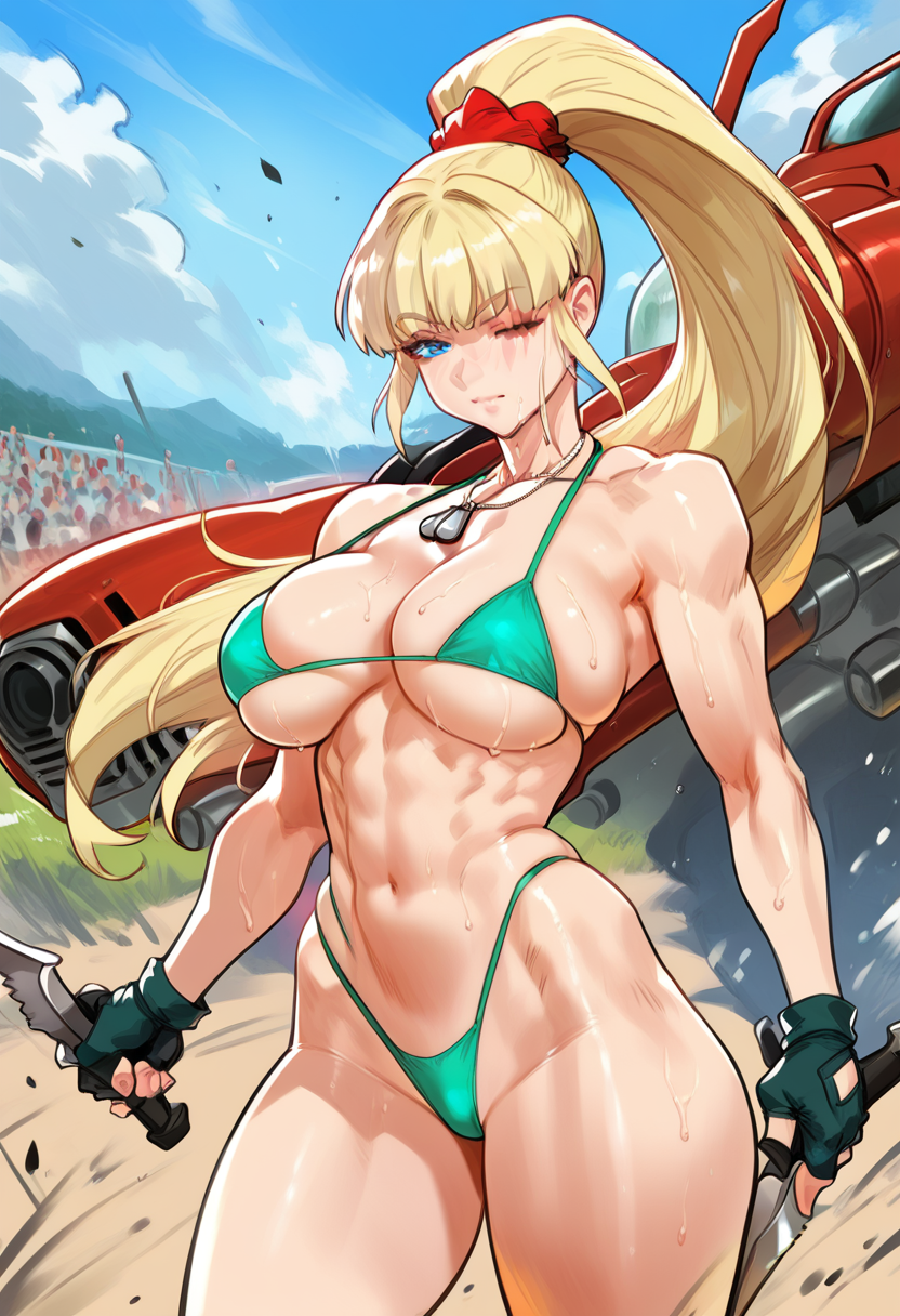 ai_generated bikini blonde_hair dragunov_(metal_slug) female female_focus female_only fingerless_gloves green_bikini knife metal_slug metal_slug_attack outdoors ponytail solo solo_female solo_focus