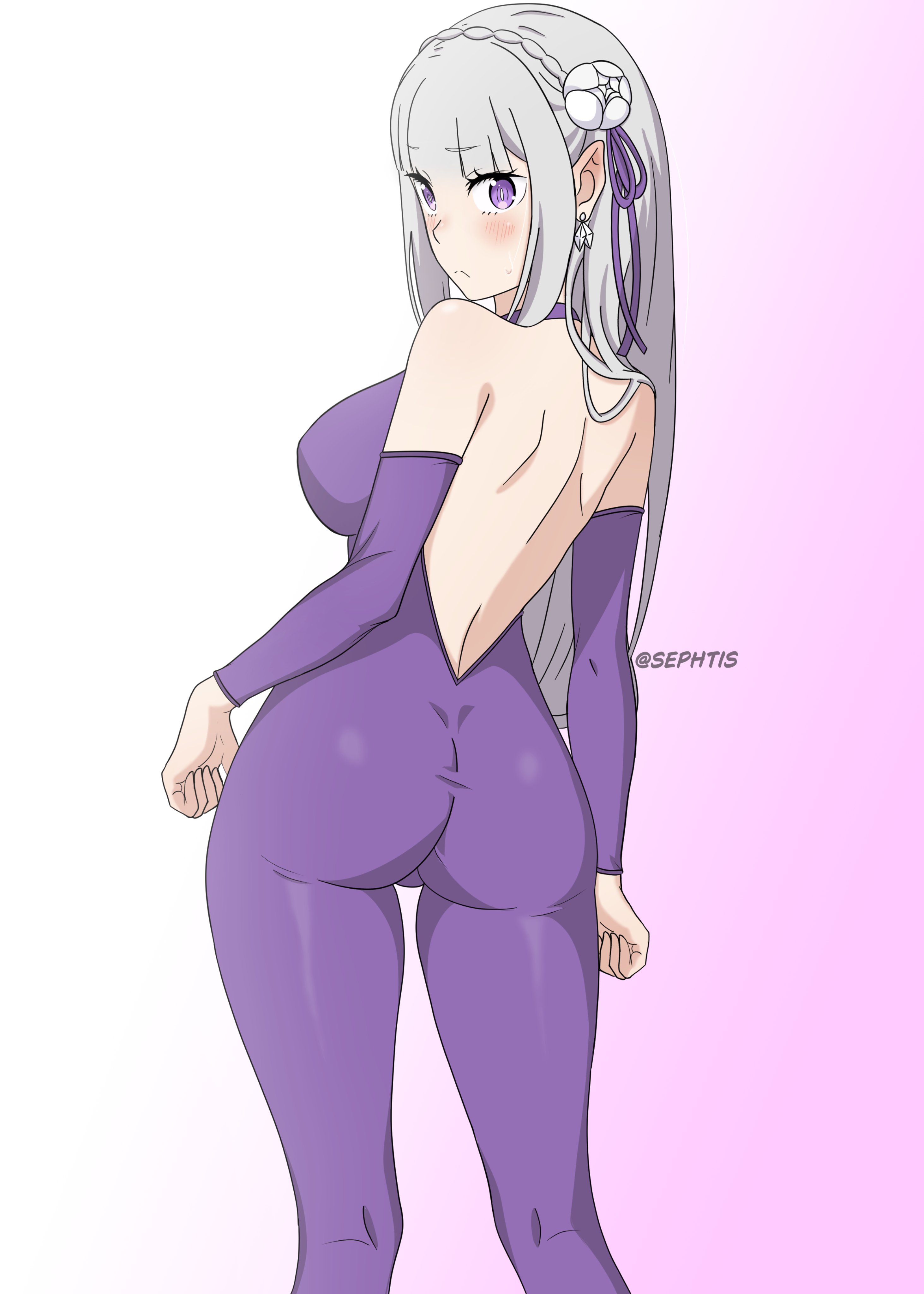 1girls, ass, back view, blush, bodystocking, breasts, elf, elf ears, elf female, emilia (re:zero), exposed back, female, jumpsuit, latex suit, looking at viewer, looking back, purple eyes, re:zero kara hajimeru isekai seikatsu, sephtis, silver hair, solo, standing, thick thighs, tight clothing, tight fit, unitard