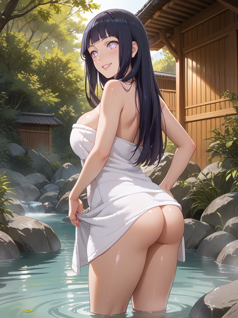 ai_generated ass big_ass big_breasts black_hair hot_spring huge_ass huge_breasts hyuuga_hinata isogil long_hair naruto naruto_(series) onsen standing_in_water towel water white_eyes