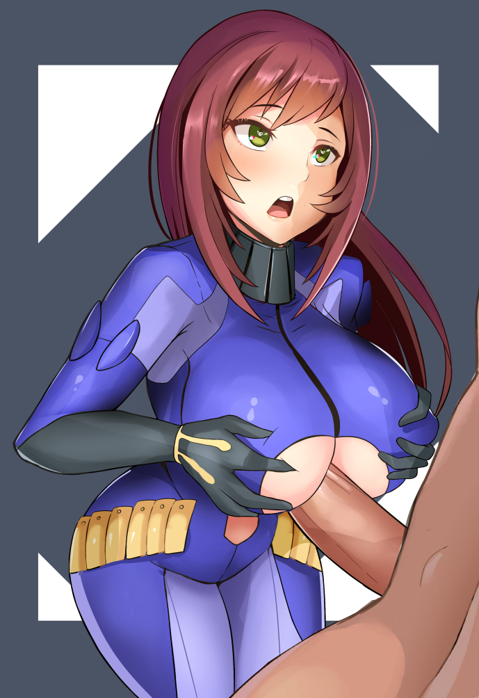 1girls big_breasts big_penis breasts chris_tasker cleavage erection female green_eyes heart-shaped_pupils lainart large_breasts male paizuri penis straight surprised underboob zoids zoids_new_century