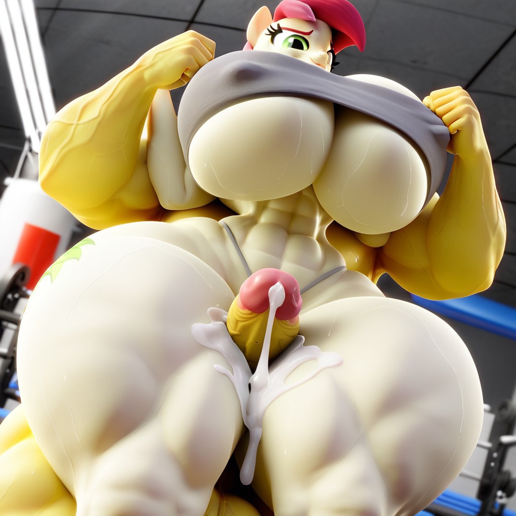 ai_generated civitai cum_drip cumming erect_nipples erect_penis gym gym_clothes gym_shorts huge_breasts huge_cock huge_muscles huge_thighs looking_down low-angle_view outercourse roseluck_(mlp) snuddy_(style) thigh_sex underboob underwear