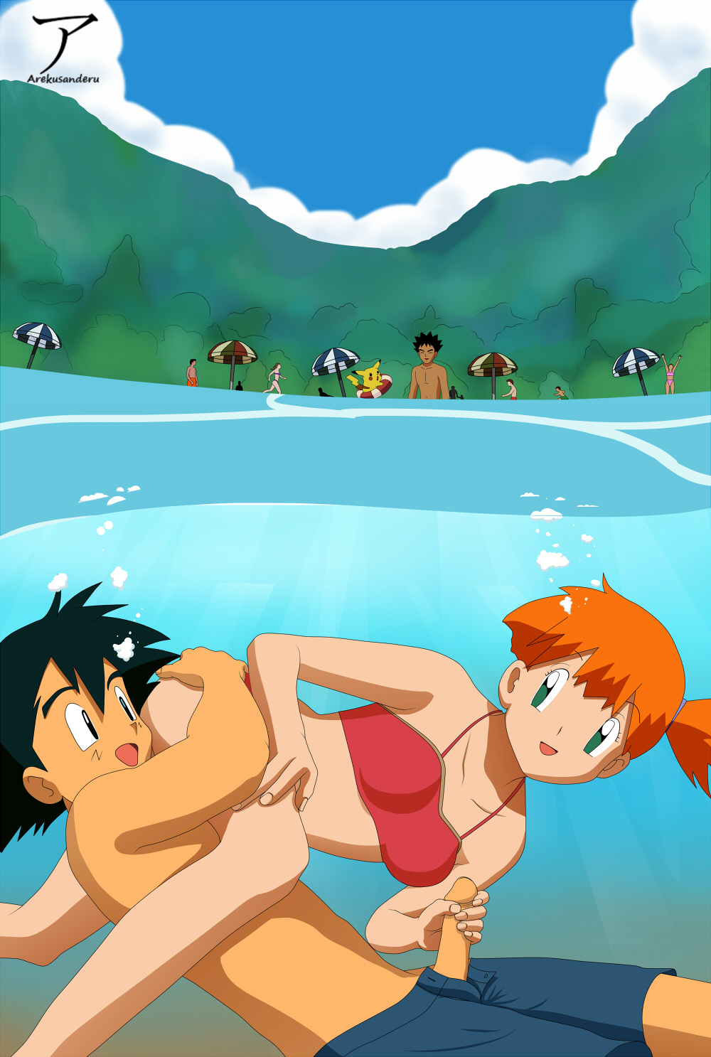 1boy 1girls aquaphilia arekusanderu background_characters bikini breasts brock_(pokemon) female handjob kasumi_(pokemon) male medium_breasts nintendo penis penis_out pikachu pokemon red_bikini red_swimsuit satoshi_(pokemon) submerged swimming_trunks swimsuit underwater