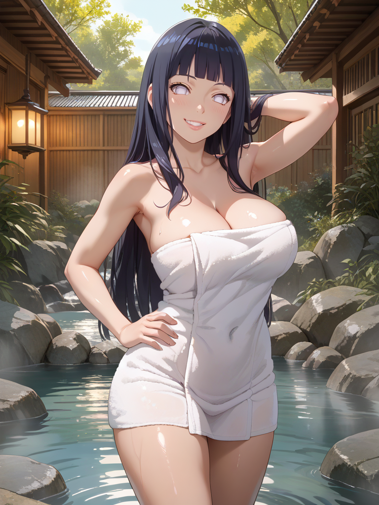 ai_generated ass big_ass big_breasts black_hair hot_spring huge_ass huge_breasts hyuuga_hinata isogil long_hair naruto naruto_(series) onsen standing_in_water towel water white_eyes