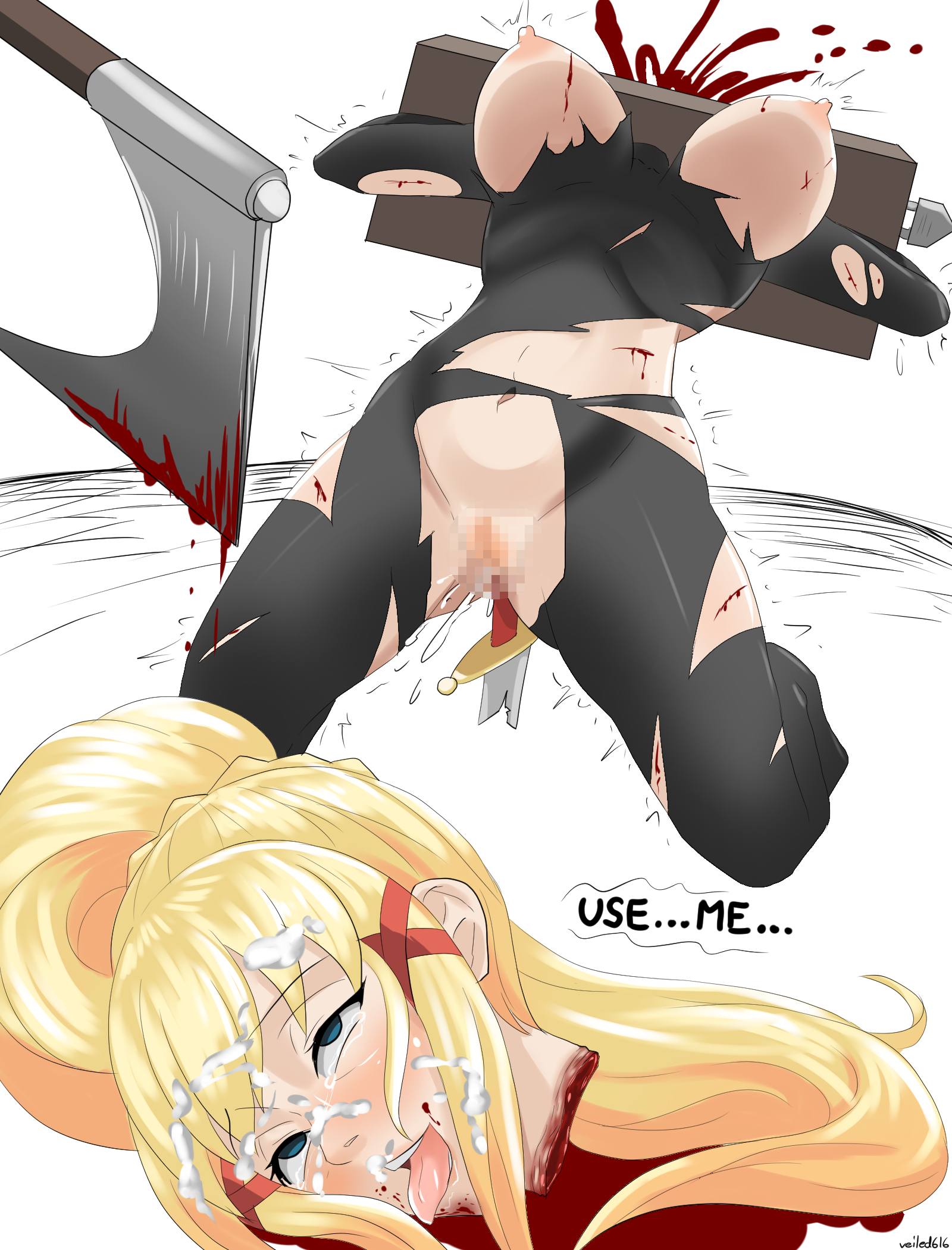 axe, blonde hair, blood, blood on face, blood puddle, blue eyes, bondage, breasts, broken sword, censored, censored pussy, chopping block, cum, cum on face, cum on hair, darkness (konosuba), death, decapitation, dialogue, empty eyes, execution, female, female death, gore, guro, kono subarashii sekai ni shukufuku wo!, large breasts, last words, masochism, navel, nipples, pervert, ripped clothing, smile, snuff, solo, tears, teeth, text, tongue, tongue out, torn clothes, veiled616