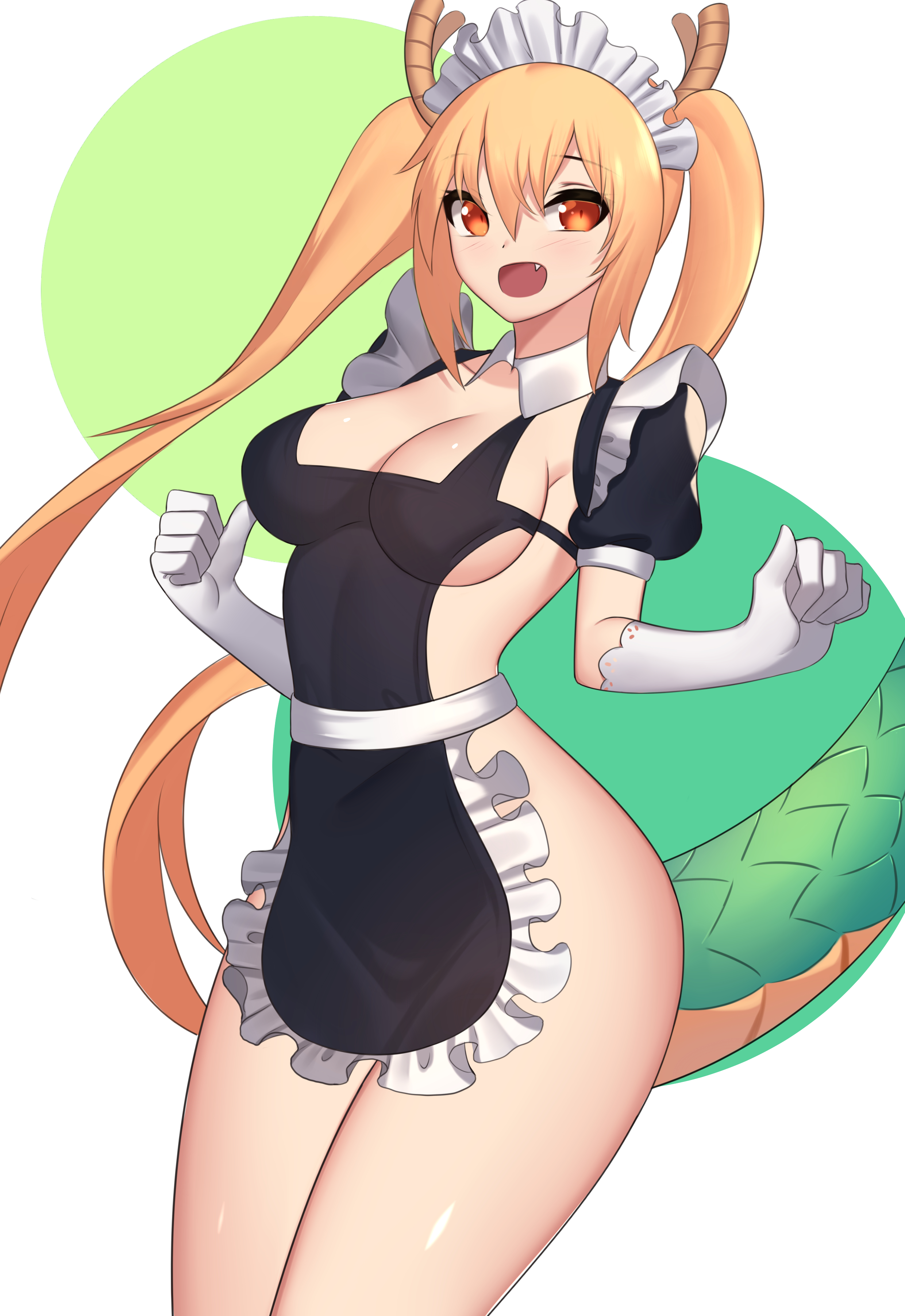 1girls, apron, big breasts, breasts, cleavage, clothed, clothing, dragon, dragon horns, dragon tail, elbow gloves, female, female only, gloves, horn, horns, maid, maid apron, maid headdress, miss kobayashi's dragon maid, no bra, no panties, orange hair, pigtails, solo, tagme, tail, tohru (dragon maid), twintails