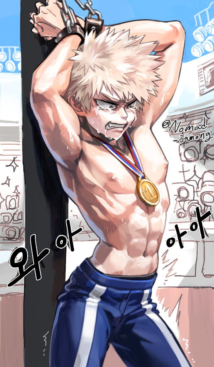 abs, armpits, bondage, crying, katsuki bakugou, male, male only, muscles, muscular, muscular armpits, my hero academia, restrained, shirtless, tied, tied up