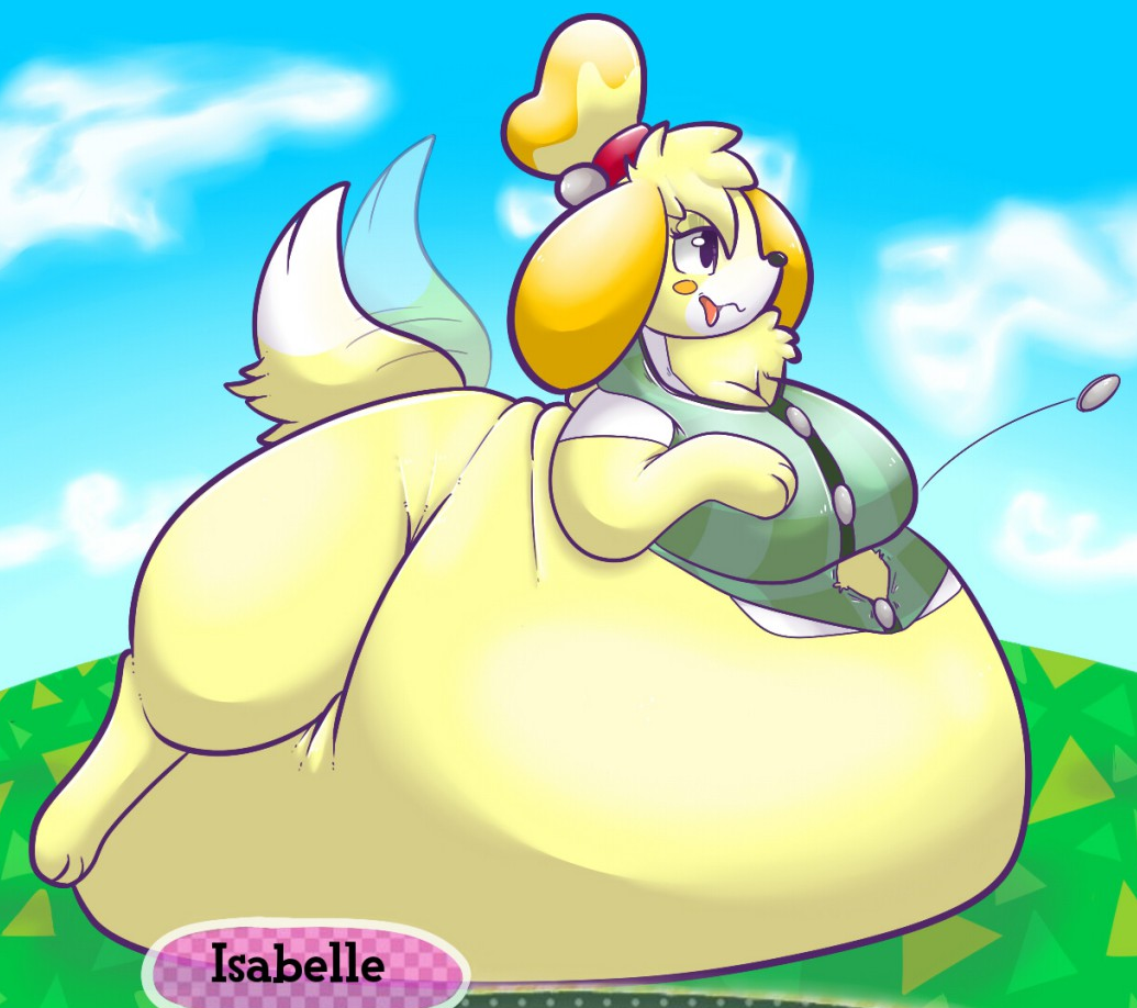 1girls animal_crossing anthro body_fur button_popping canine fat fat_female female female_only fluffy_tail immobile isabelle_(animal_crossing) nintendo no_skirt no_visible_genitalia obese_female ripping_clothing salacunepudge solo source_deleted tongue tongue_out wagging_tail yellow_fur