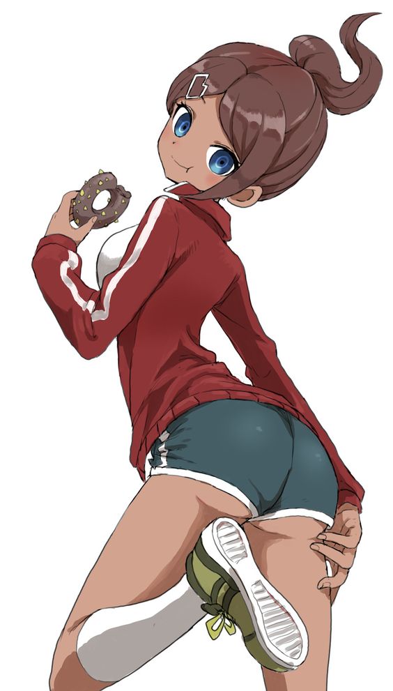 1girls, asahina aoi, ass, danganronpa, donut, female, female only, hand on ass, looking at viewer, looking back, solo, straight hair