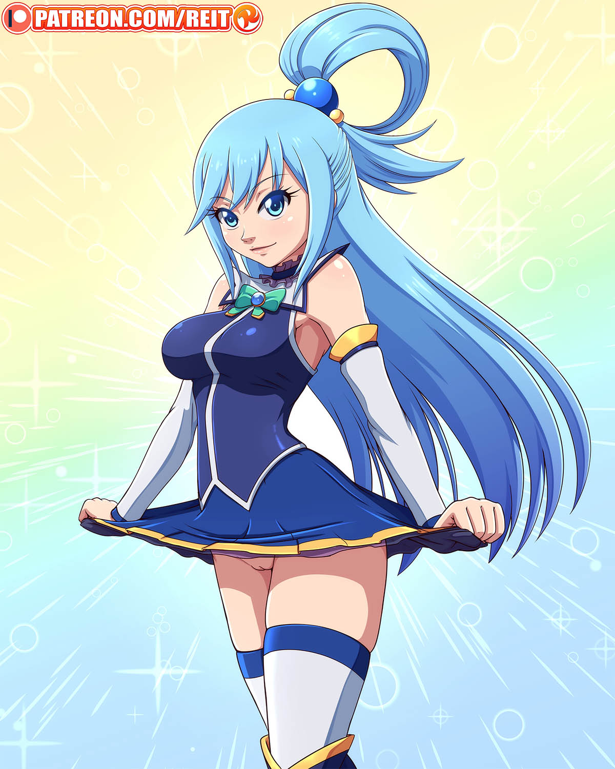 1girls, aqua (konosuba), blue eyes, boots, bottomless skirt, breasts, clothed, curvy, cyan hair, female, female only, innie pussy, kono subarashii sekai ni shukufuku wo!, large breasts, looking at viewer, no panties, pussy, reit, skirt, skirt lift, smile, thigh boots, thighhigh boots