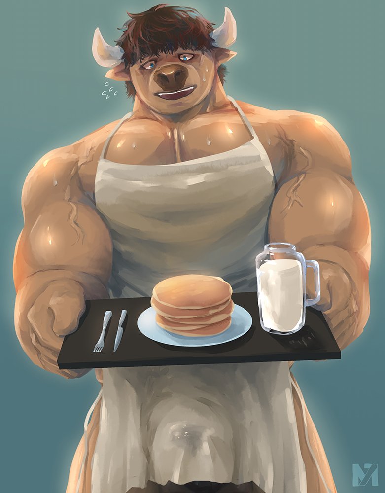 anthro apron balls blue_eyes bodily_fluids bottle bovid bovine brown_fur brown_hair bulge cattle clothing cutlery food fork fur hair horn kitchen_utensils knife m7 male male_only mammal milk muscular muscular_male open_mouth open_smile pancake simple_background smile solo sweat tools tray vein