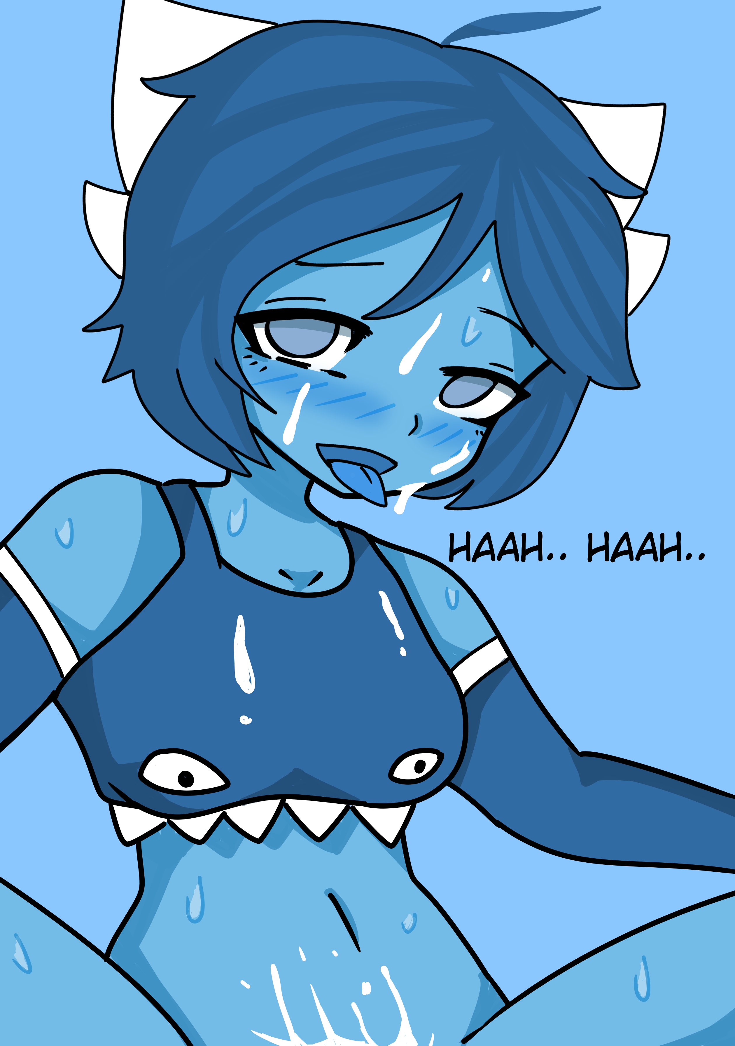 blue eyes, blue hair, blue skin, blue tongue, blush, clubette, cum, cum on face, female, geometry dash, horns, medium hair, medium-haired female, open mouth, tongue, tongue out