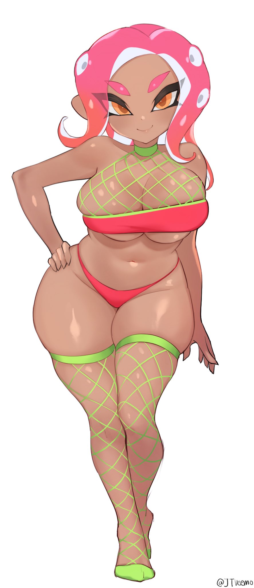 1girls, agent 8 (splatoon), big breasts, breasts, cleavage, confident, dark skin, dark-skinned female, female, female only, horny, huge breasts, jtveemo, large breasts, looking at viewer, nintendo, octoling, solo, splatoon, splatoon 2, thick thighs, thighhighs, wide hips