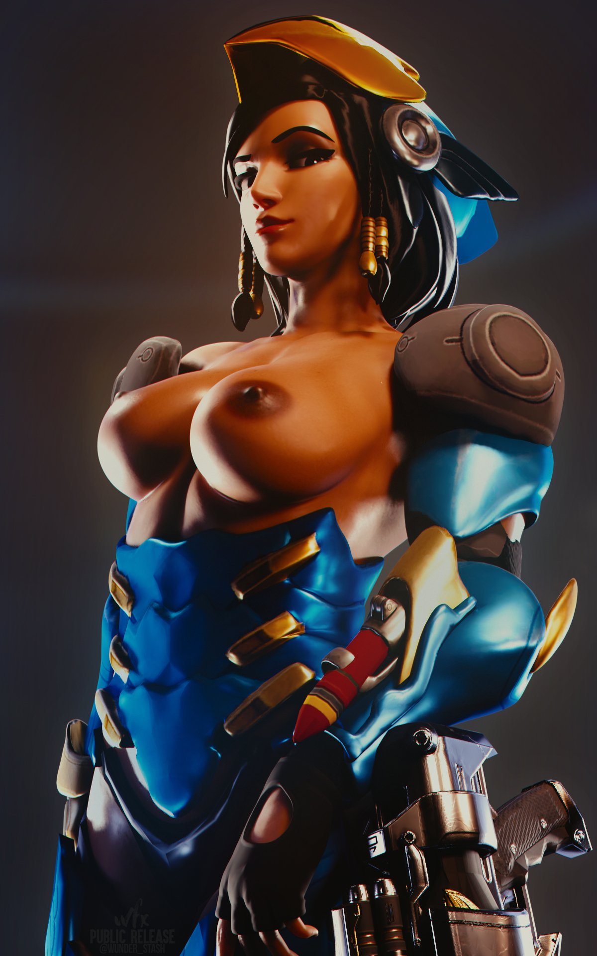 1girls 3d areolae big_breasts blender breasts dark-skinned_female dark_skin female female_only large_breasts looking_at_viewer nipples overwatch pharah solo wunder