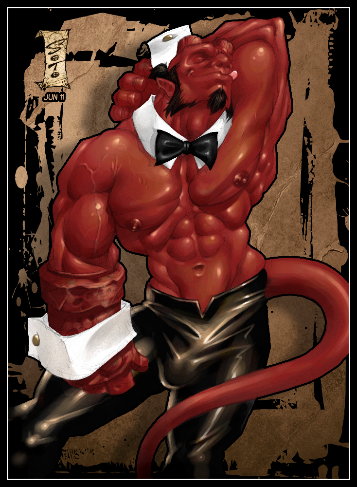 bulge dark_horse demon detached_cuffs flaccid hellboy hellboy_(series) hellboysoto male male_focus male_only muscles muscular_male penis_outline red_skin solo soto