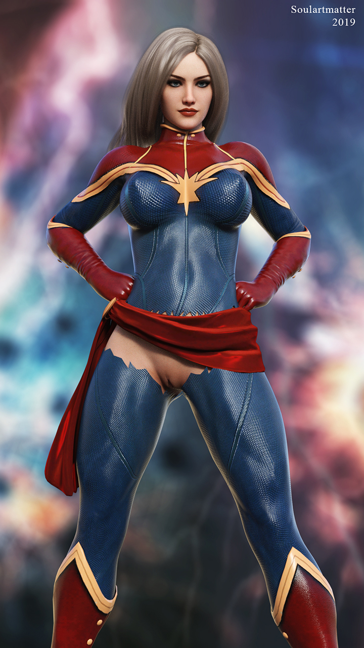1girls, 3d, blonde hair, captain marvel, carol danvers, clothing, exposed pussy, female, female only, hair, long hair, marvel, marvel comics, pussy, solo, soulartmatter, torn clothes, uniform