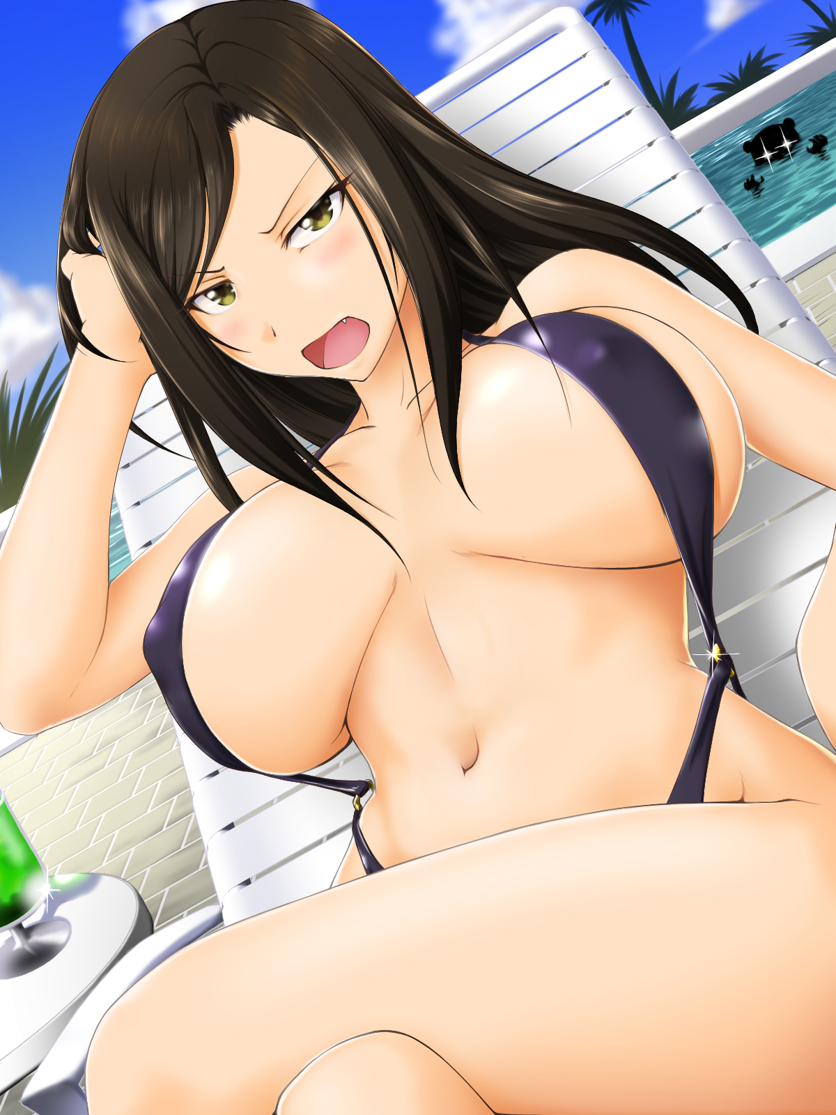 annoyed, artist request, black hair, blush, breasts, fang, female, huge breasts, idolmaster, idolmaster cinderella girls, long hair, looking at viewer, mukai takumi, navel, open mouth, sitting, sling bikini, swimsuit
