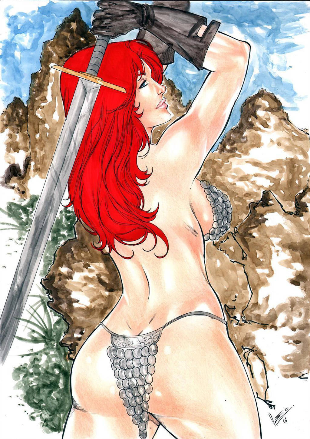 1girls 2018 armor ass big_breasts bikini bikini_armor blue_eyes blue_sky bra breasts chainmail chainmail_bikini chainmail_bra chainmail_panties conan_the_barbarian_(series) dated dynamite_comics ed_benes_studio female female_only from_behind holding_sword holding_weapon human leonardo_lourenco loincloth long_hair metal_bikini metal_bra metal_underwear mountains panties pink_lips pinup red_hair red_sonja red_sonja_(comics) signature solo standing sword thick_thighs thighs warrior weapon