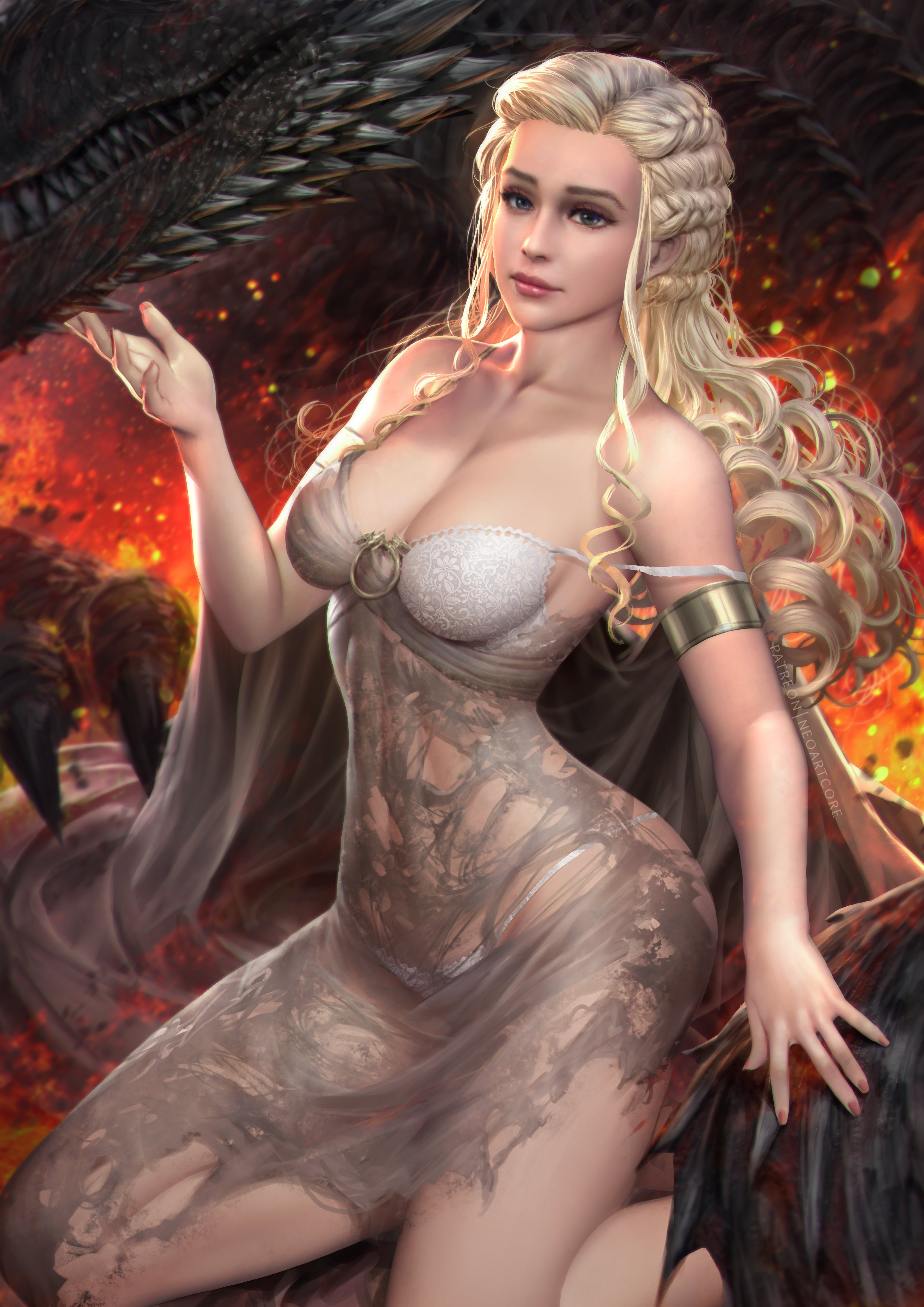 1girls, a song of ice and fire, abs, absurdres, areolae, armpits, armwear, ass, blonde hair, blue eyes, breasts, burnt clothes, casual, celebrity, cleavage, daenerys targaryen, dragon, dress, emilia clarke, female, female only, feral, game of thrones, highres, human, large breasts, lingerie, long hair, neoartcore, paid reward, pale skin, panties, patreon reward, pubic hair, silver hair, solo, solo focus, source request, teeth, thick thighs, thin waist, torn clothes, underwear, white hair, wide hips