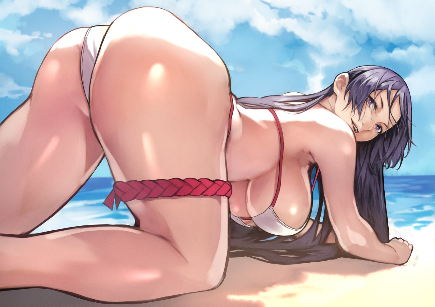 ass, beach, big ass, big breasts, bikini, breasts, fate (series), fate/grand order, female, hanging breasts, minamoto no raikou (fate/grand order), thigh strap, yoshi55level