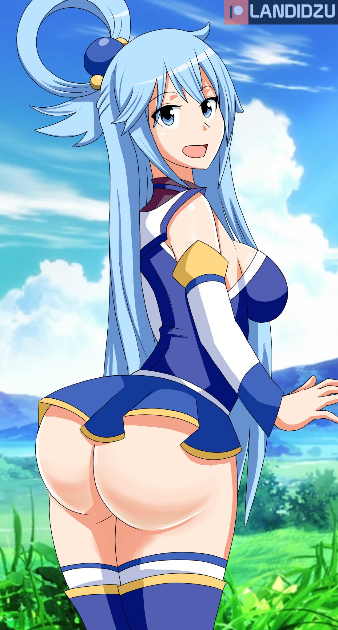 1girls, aqua (konosuba), ass, big ass, big breasts, blue hair, boots, breasts, female, female only, kono subarashii sekai ni shukufuku wo!, landidzu, long hair, looking at viewer, no panties, solo, solo female, thick, thick ass, thigh boots, thighhigh boots
