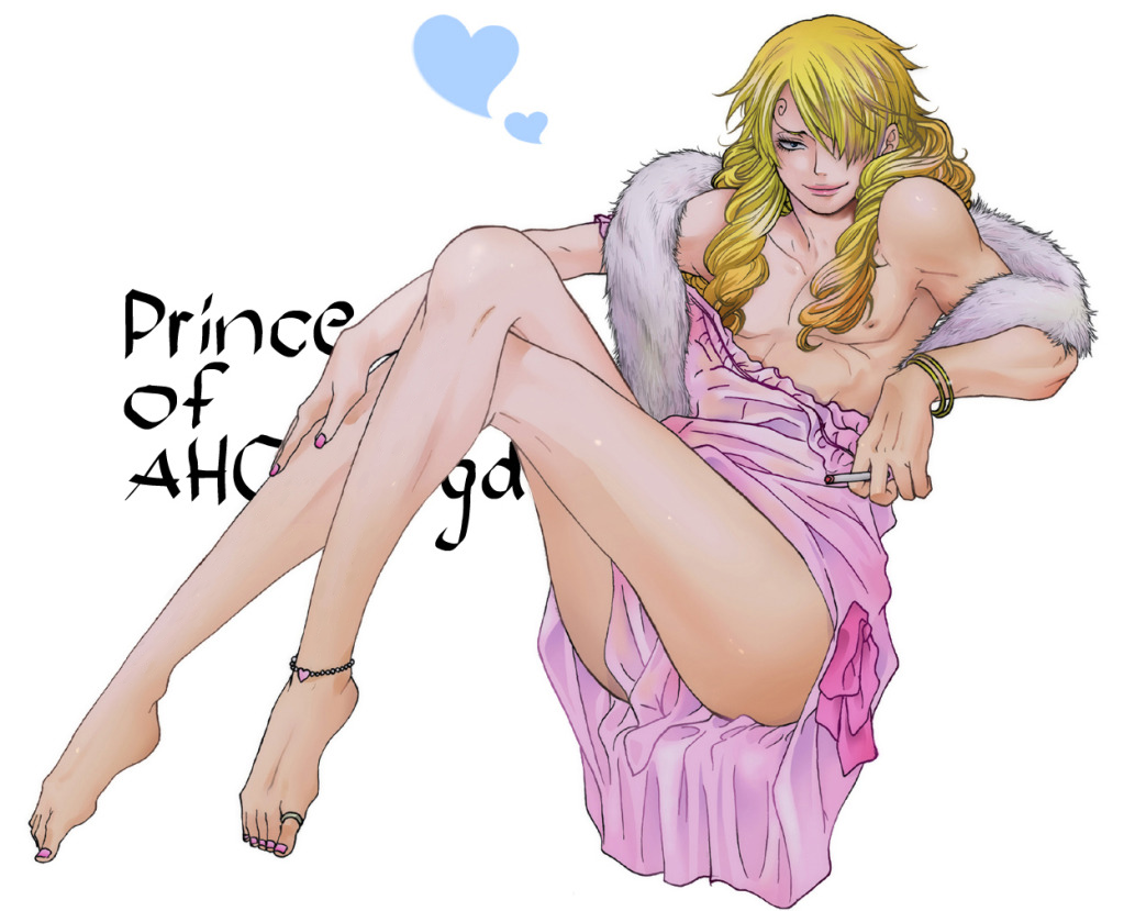 1boy ambush_(trap) androgynous anklet bare_shoulders barefoot blonde_hair bracelet canon_crossdressing chugoshi cigarette crossdressing curly_hair dress femboy fur_boa girly hair_over_one_eye legs lipstick looking_at_viewer male male_only nail_polish nipples one_piece prince sanji smile solo toe_ring trap vinsmoke_sanji