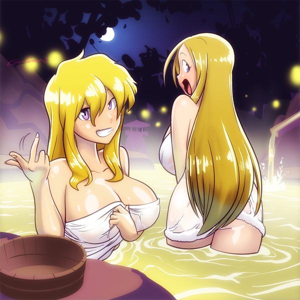 2girls amaenaideyo amanogawa_haruka gairon hot_spring inviting onsen rwby towel yang_xiao_long