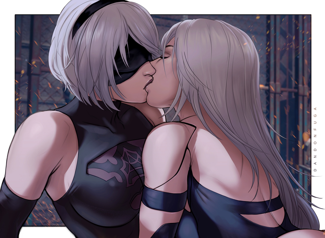 2girls, breasts, cleavage, dandon fuga, female, female only, kissing, nier, nier: automata, yorha 2b, yorha a2, yuri