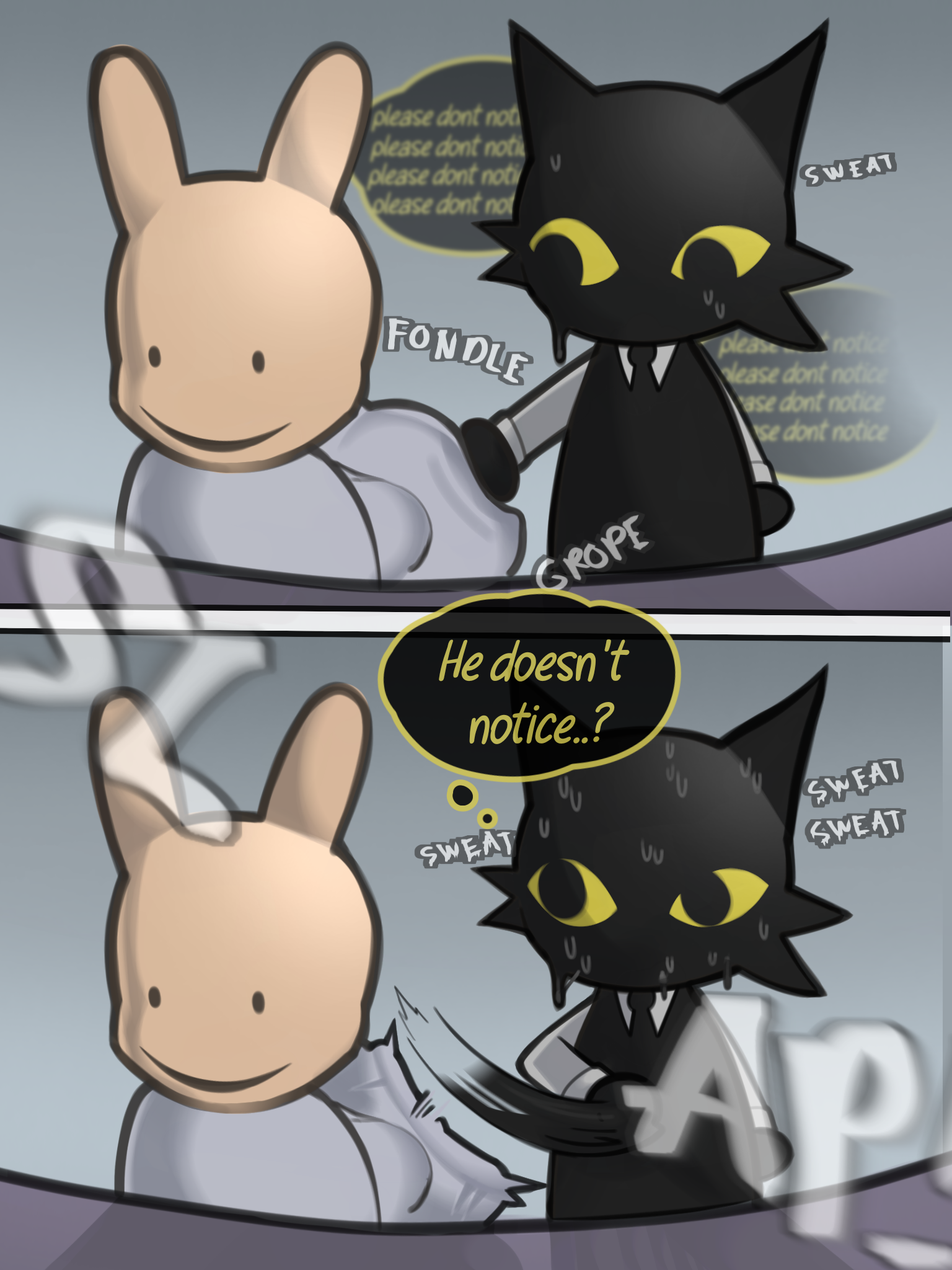 2boys, animal hospital, big ass, big butt, buazzo, comic, dialogue, dialogue bubble, femboy, furry, furry only, horror game, intern (animal hospital), large ass, large butt, oblivious, onomatopoeia, roblox, roblox game, secret agent (animal hospital), slap, slapping ass, slapping butt, text, text bubble, unaware