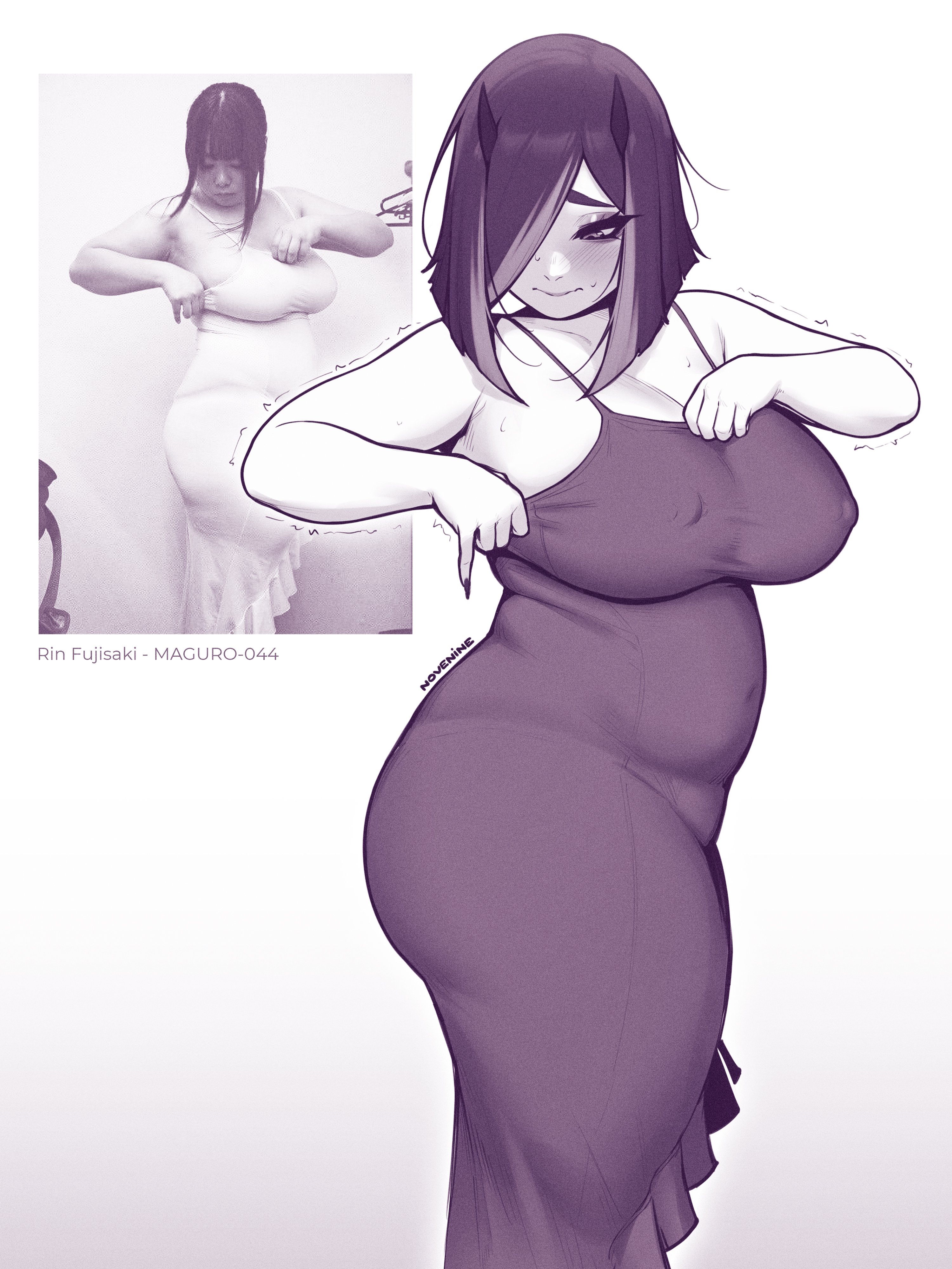 1girl, 1girls, absurdres, adjusting clothes, bbw, breasts, breedable hips, chubby, chubby female, commentary, demon girl, demon horns, dress, english commentary, female, fujisaki rin (pornstar), highres, horns, large breasts, lilith (novenine), monochrome, nipple bulge, nipple piercing, nipples visible through clothing, novenine, novenine (renkonv), original, photo-referenced, piercing, real life, reference inset, solo, solo female, solo focus, spaghetti strap, tight clothes, white background