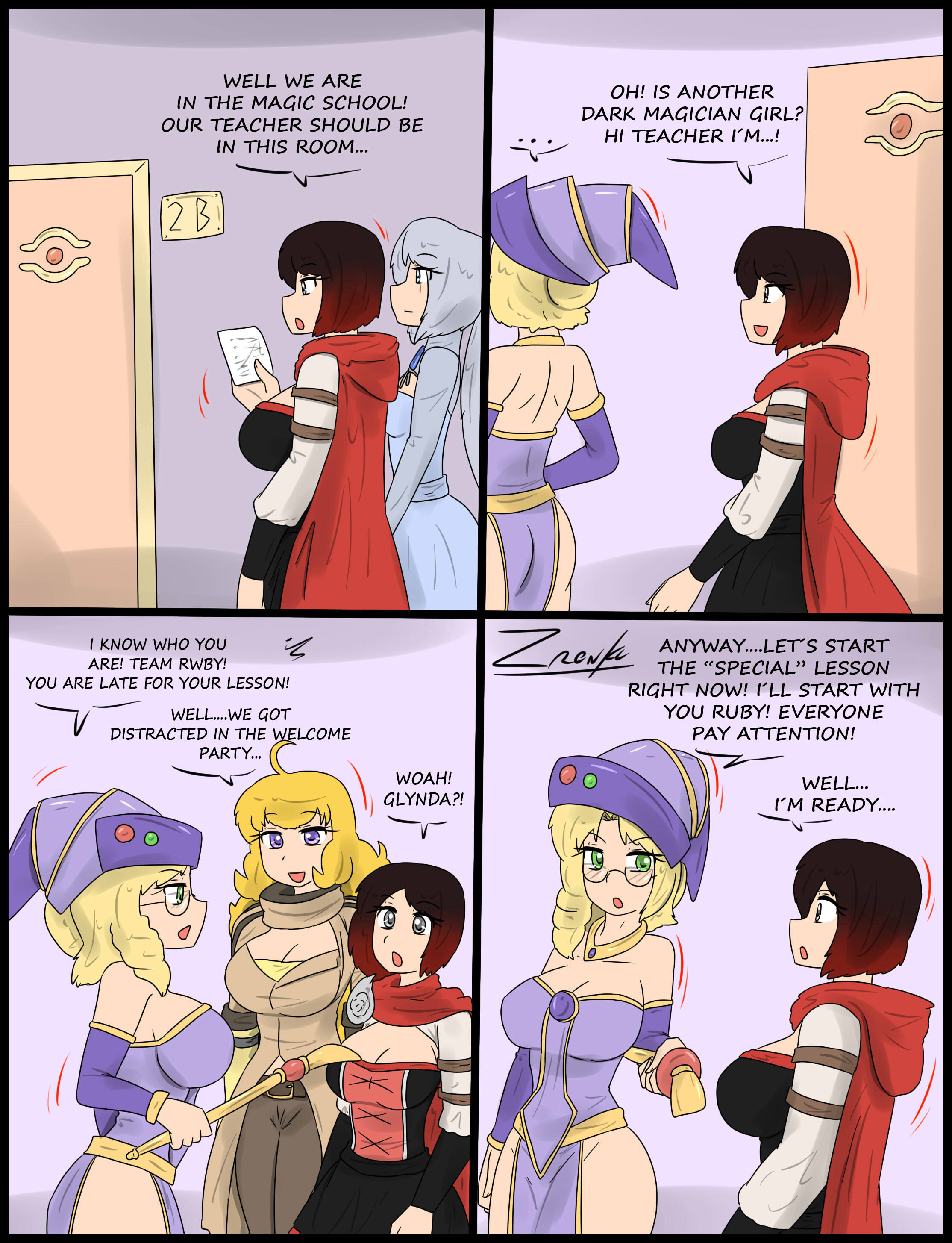 3girls, comic, cosplay, dark magician girl (cosplay), female, female only, glynda goodwitch, multiple females, multiple girls, ruby rose, rwby, teacher, teacher and student, text, weiss schnee, yang xiao long, yu-gi-oh!, zronku