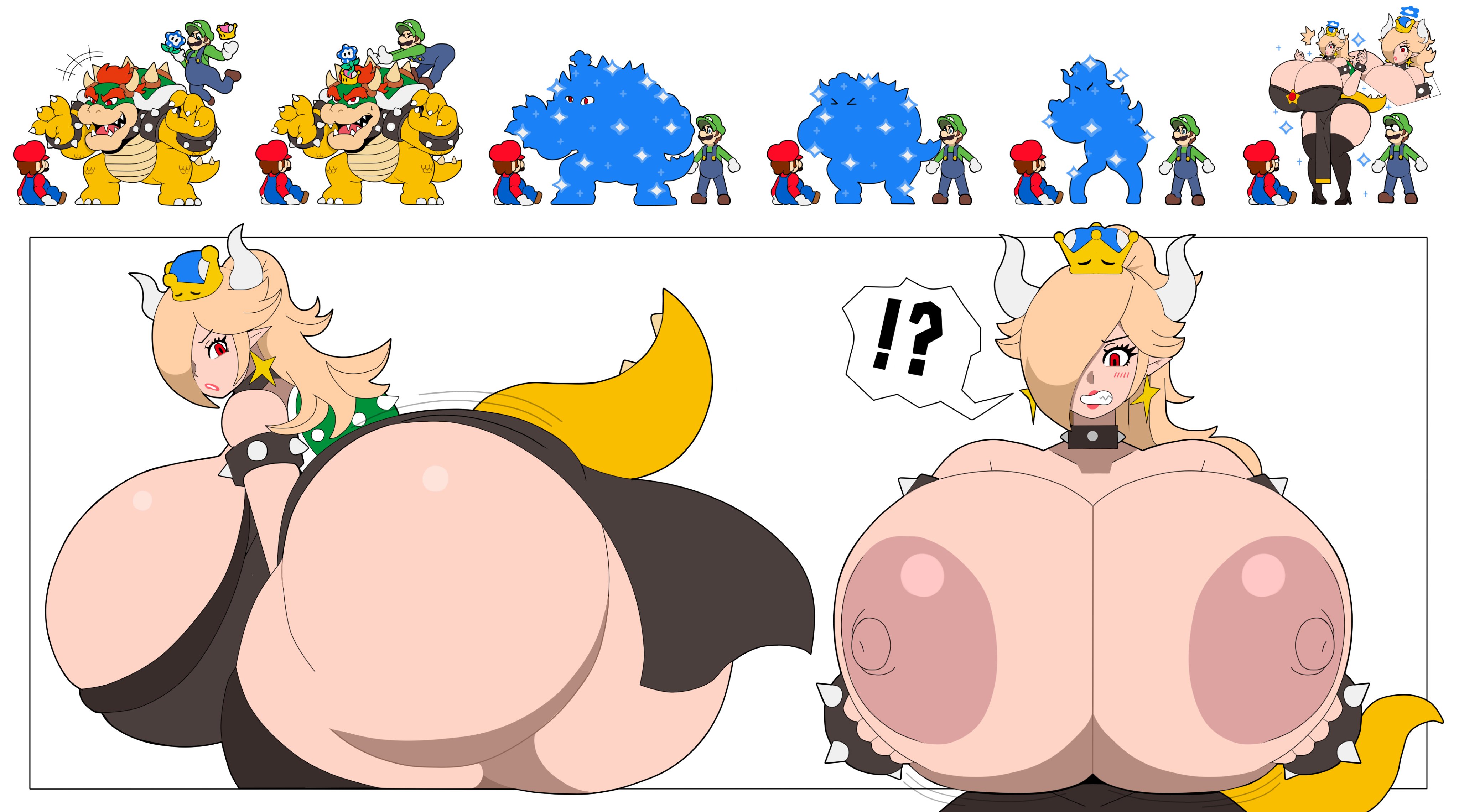 1girls, 2boys, blonde hair, bowser, bowsette, breast squeeze, breasts, casualdemo, crown, female, high heels, huge breasts, luigi, mario, mario (series), mario and luigi (series), messy hair, new super mario bros. u deluxe, nipples, ponytail, princess rosalina, rosalina, rule 63, squirting, squished breasts, thick thighs, transformation, wide hips, x-ray view