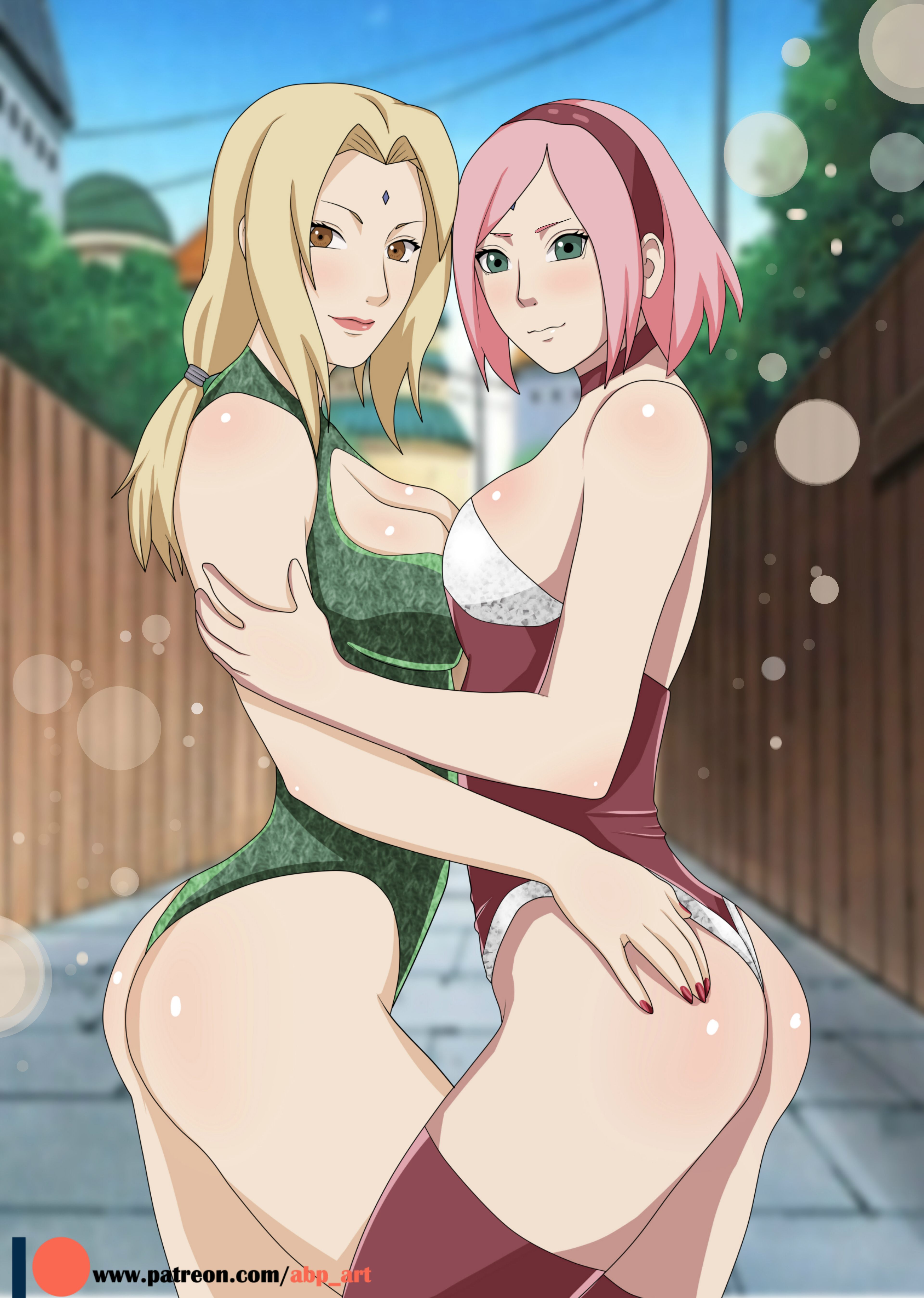 2girls, abp art, ass, blonde hair, boruto: naruto next generations, breasts, brown eyes, cleavage, clothed, female, female only, green eyes, human, nail polish, naruto, naruto (series), patreon, pink hair, sakura haruno, shounen jump, text, thick thighs, tsunade, url, watermark, wide hips