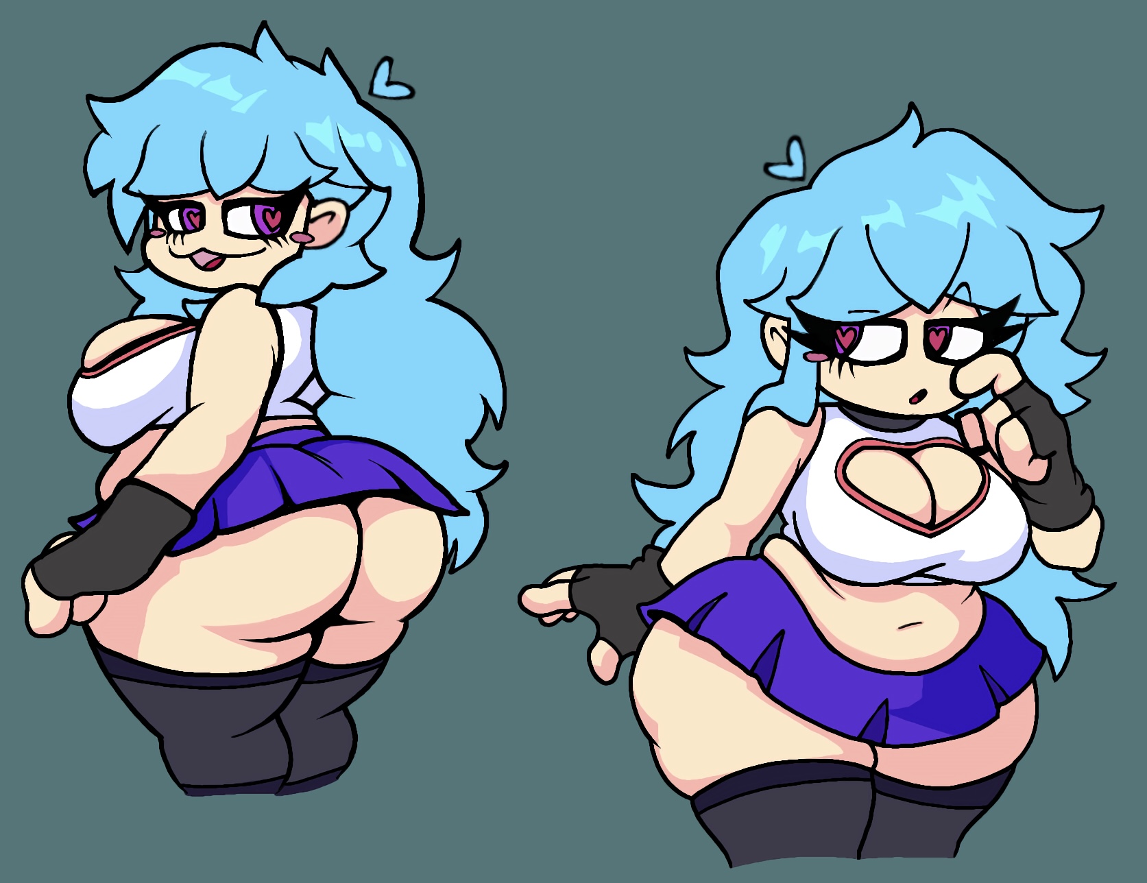 1female, 1girls, 2d, 2d (artwork), 2d artwork, ass, back view, big ass, big breasts, blue hair, boob window, breasts, buuublert, chubby, chubby female, cleavage, color, digital drawing, digital drawing (artwork), digital media, digital media (artwork), female, female focus, female only, fingerless gloves, fnf, fnf mod, fnf mods, friday night funkin, friday night funkin mod, friday night funkin mods, friday night funkin', front view, gloves, heart, heart-shaped pupils, light skin, light-skinned female, long hair, purple eyes, short skirt, simple background, skirt, sky (fnf mod), sky (friday night funkin), skyblue, skyblue (friday night funkin), skyverse, solo, solo female, solo focus, thick, thick ass, thick thighs, thighhighs