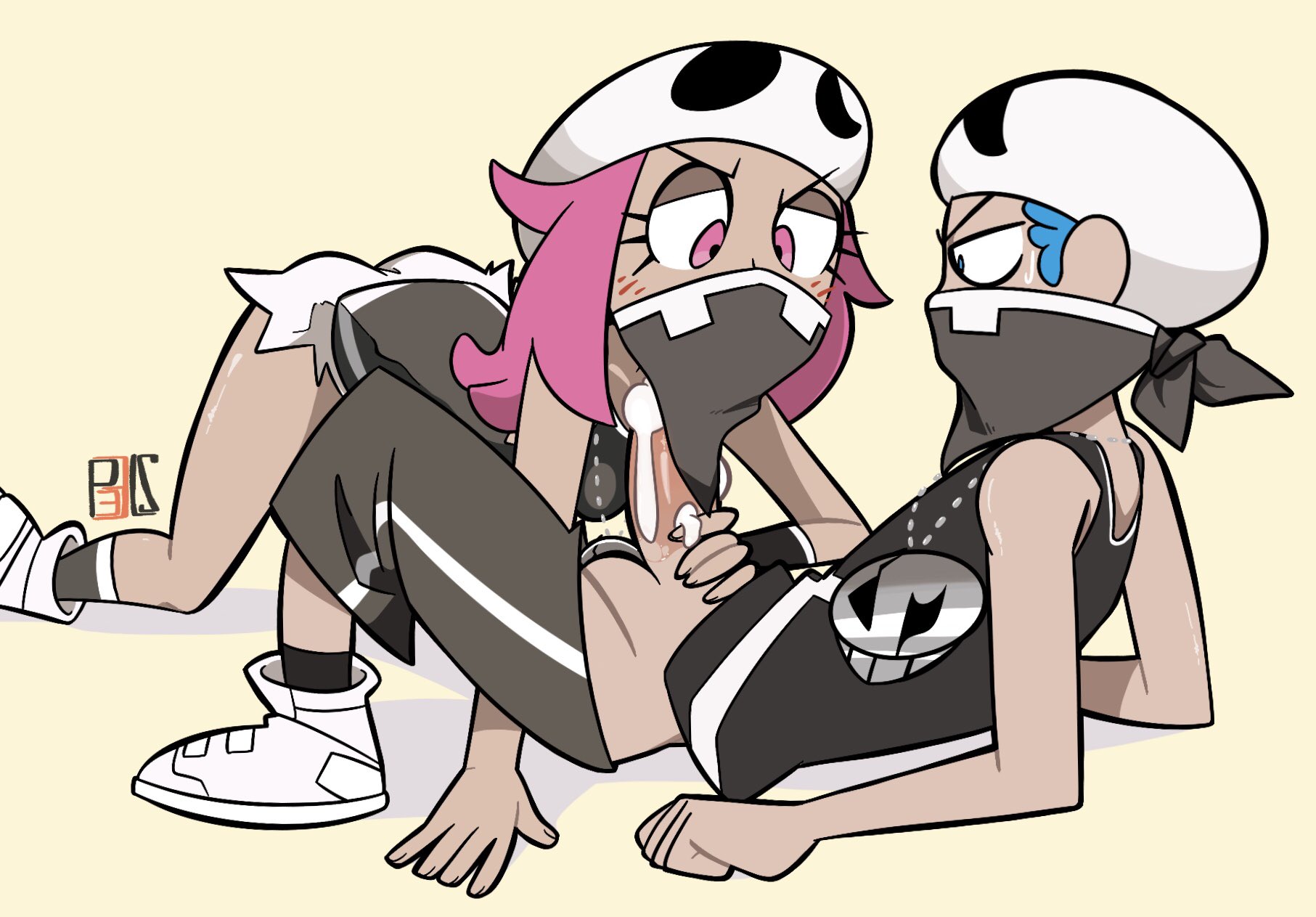 1boy, 1girls, all fours, ass, big eyes, big penis, blue eyes, blue hair, blush, breasts, clothed, cum, cum on penis, erection, eyelashes, face mask, fellatio under mask, female, female team skull grunt, game freak, half-closed eyes, handjob, hat, human, joshin, long hair, looking down, male, mask, necklace, nintendo, penis, penis out, pink eyes, pink hair, pokemon, pokemon sm, rapp (pokemon), shirt, shoes, short hair, shorts, simple background, sitting, small breasts, socks, source request, straight, team skull, team skull grunt, team skull grunt (female), team skull grunt (male), text, tupp (pokemon), veins, veiny penis, watermark, wet, yellow background