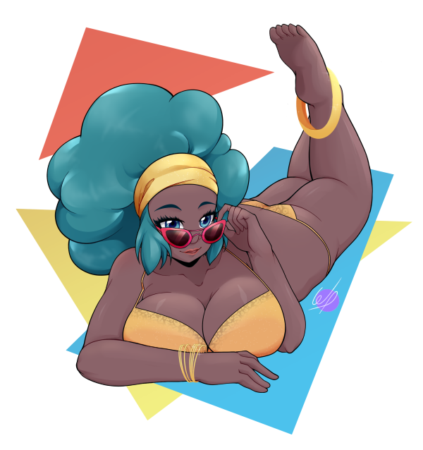 1girls afro alternate_breast_size ass barefoot big_ass big_hair bikini black_female blue_background blue_eyes bracelet breasts busty cleavage clothed dark-skinned_female dark_skin eye_contact eyelashes feet female female_only hairband huge_breasts human human_only leg_up lenora_(pokemon) lipstick looking_at_viewer nintendo open_mouth orange_bikini pink_lipstick pokemon pokemon_bw red_background short_hair smile soles solo sunglasses teeth text thick_thighs toes watermark weepinbelly white_border wide_hips yellow_background