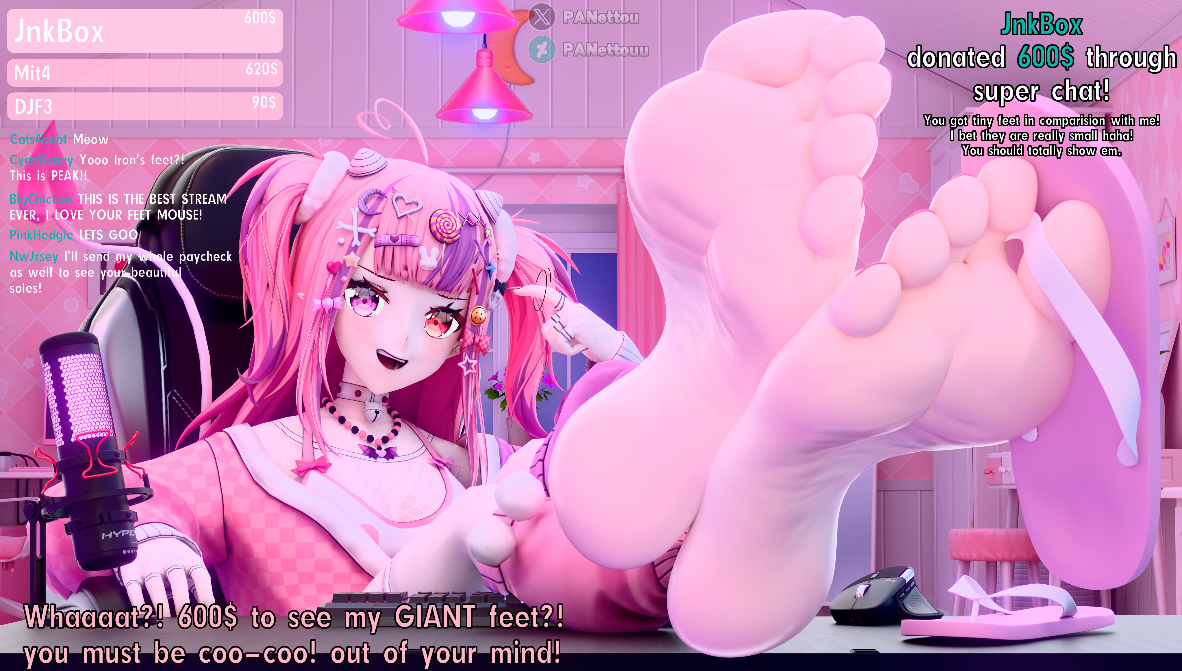 1girl, barefoot, feet, feet fetish, feet focus, flip flops, foot fetish, foot focus, footwear, gaming chair, ironmouse, large feet, long hair, looking at viewer, microphone, open mouth, panettouu, pink hair, sandals, smile, soles, soles female, soles fetish, solo, toes, twin tails, virtual youtuber, vtuber, wrinkled soles