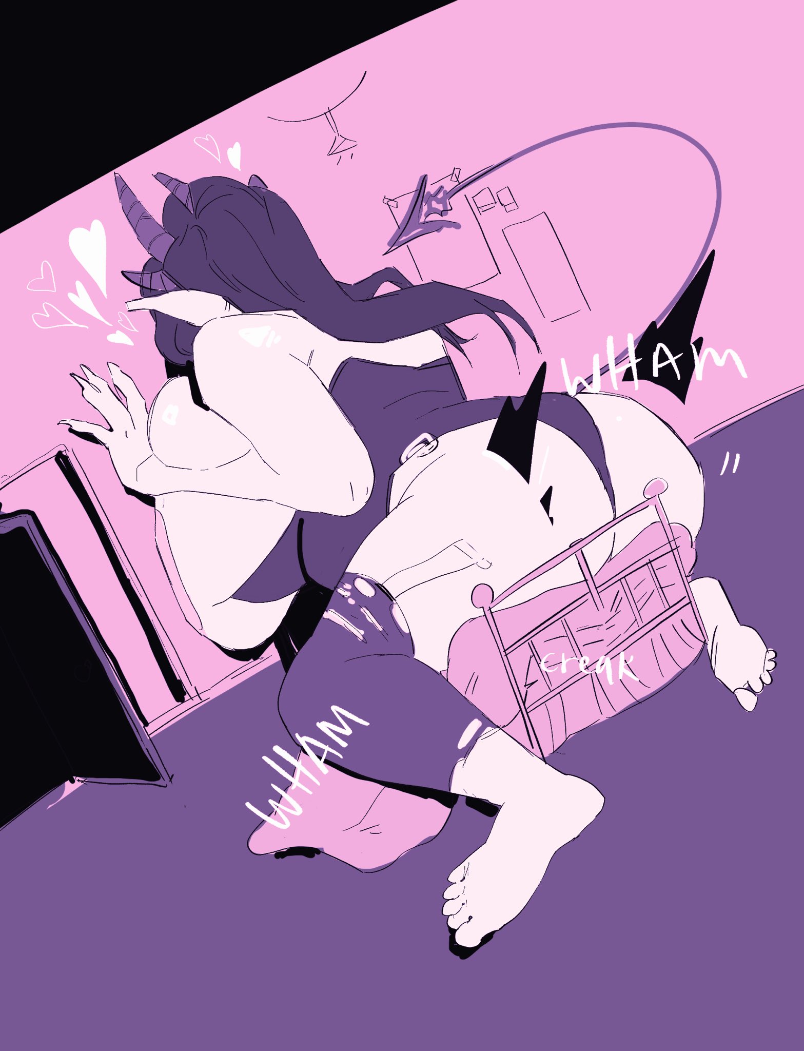 ass expansion, breast expansion, demon girl, full body, giantess, growth, heart symbol, monochrome, ripped clothing, ripped thighhighs, ripped tights, sex