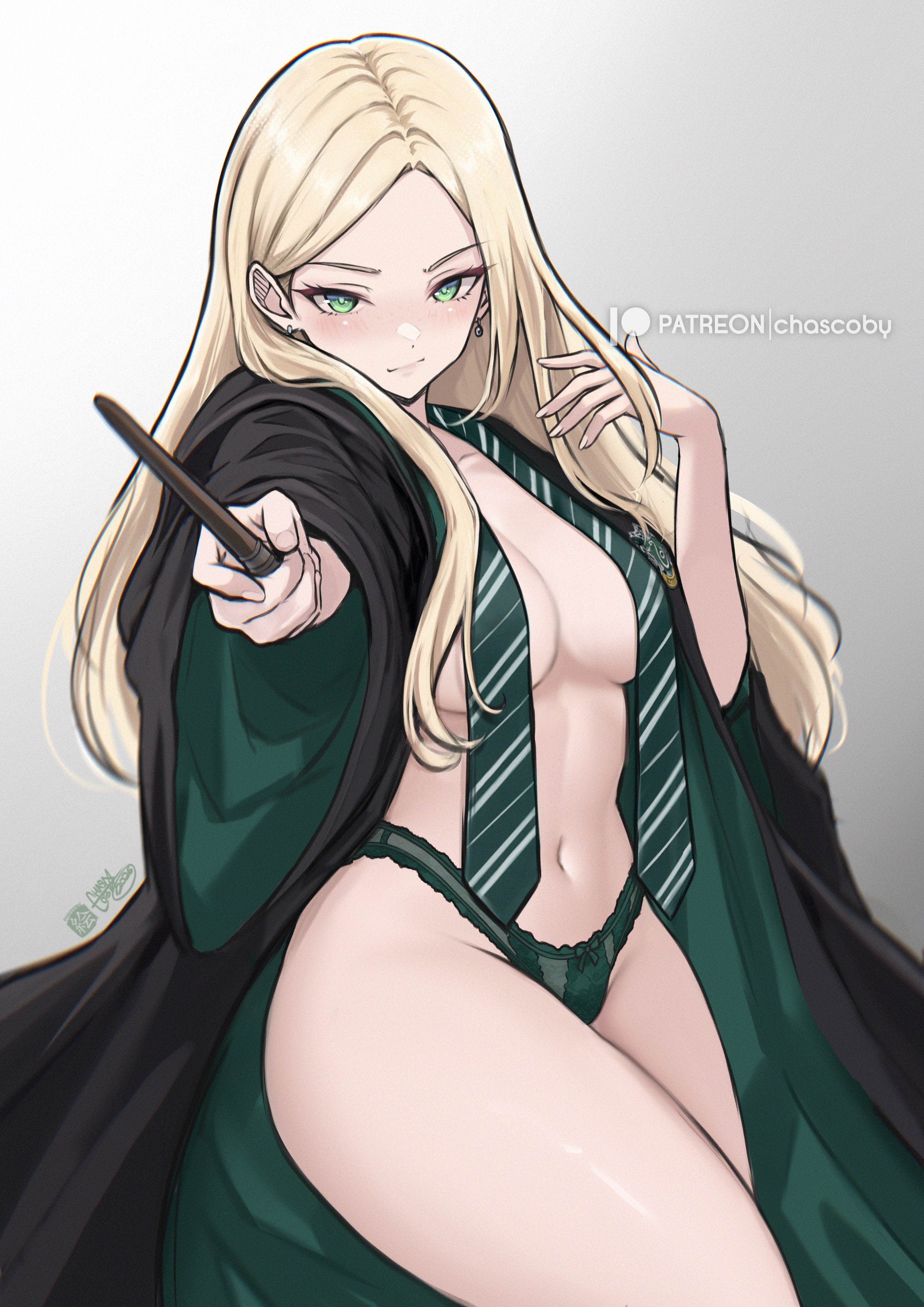 1girls, breasts, chascoby, draco malfoy, draco malfoy (redteneri), female, female focus, female only, genderswap, girls, harry potter, hi res, large breasts, light skin, light-skinned female, looking at viewer, rule 63, thick thighs, thighs, wide hips