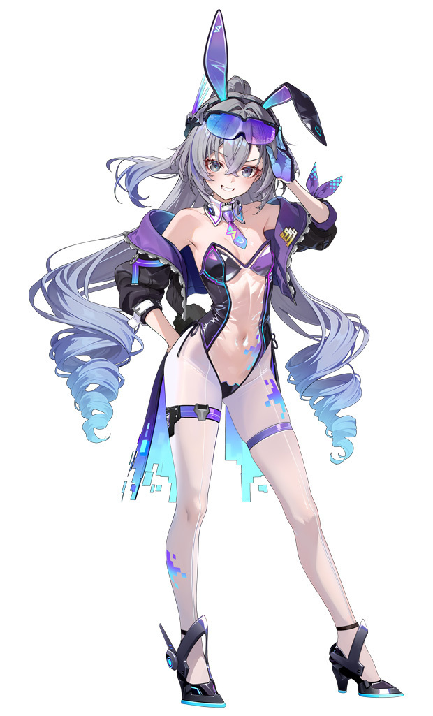 1girl, 1girls, alternate costume, animal ears, ass, bare shoulders, belly, belly button, big ass, black gloves, black jacket, black shoes, blue gloves, breasts, cameltoe, clenched teeth, collarbone, commentary request, covered navel, detached collar, drill hair, fake animal ears, fake tail, female, female focus, female only, full body, gloves, goggles, goggles on head, gradient hair, grey eyes, grey hair, hair between eyes, hand up, high heels, hips, hips wider than shoulders, honkai (series), honkai: star rail, jacket, leotard, long hair, looking at viewer, multicolored hair, navel, necktie, open clothes, open jacket, pantyhose, petite, petite body, petite female, playboy bunny, rabbit ears, rabbit tail, see-through clothes, see-through leotard, shirokitsune, shoes, short sleeves, silver wolf (honkai: star rail), silver wolf (lv.999) (honkai: star rail), simple background, small breasts, smile, solo, tail, teeth, thigh strap, thighs, twin drills, two-sided gloves, v-shaped eyebrows, very long hair, white background, white pantyhose, wing collar