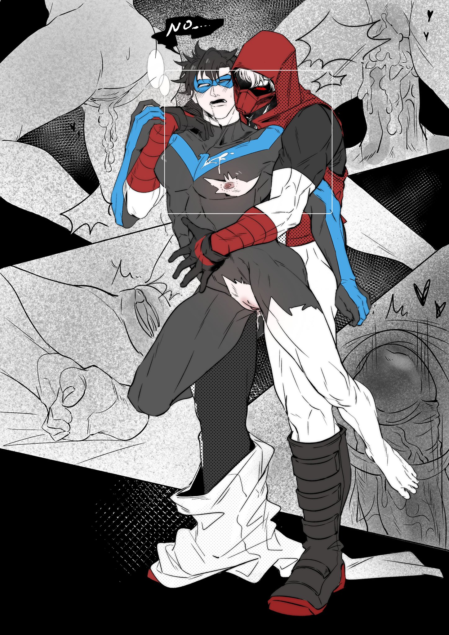 1boy, 1cuntboy, 2boys, artist request, batman (series), cum in pussy, cum leaking, cum leaking out of pussy, cuntboy, cuntboy penetrated, cuntboy/male, cuntboysub, dc, dc comics, dick grayson, dominant, dominant male, domination, gay, gay sex, human, intersex, jason todd, male, male penetrating, male penetrating cuntboy, male/male, maledom, nightwing, penis, penis in pussy, pussy, red hood (dc), ripped clothing, sex, standing sex, vaginal penetration