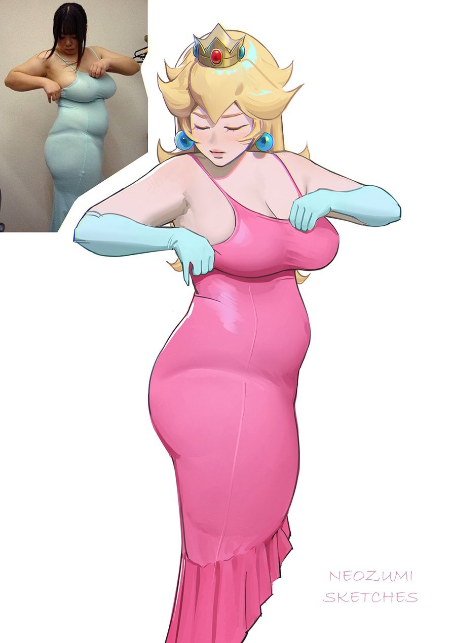 clothed female, neozumi, pink dress, princess peach, real person, reference image, super mario bros., voluptuous female